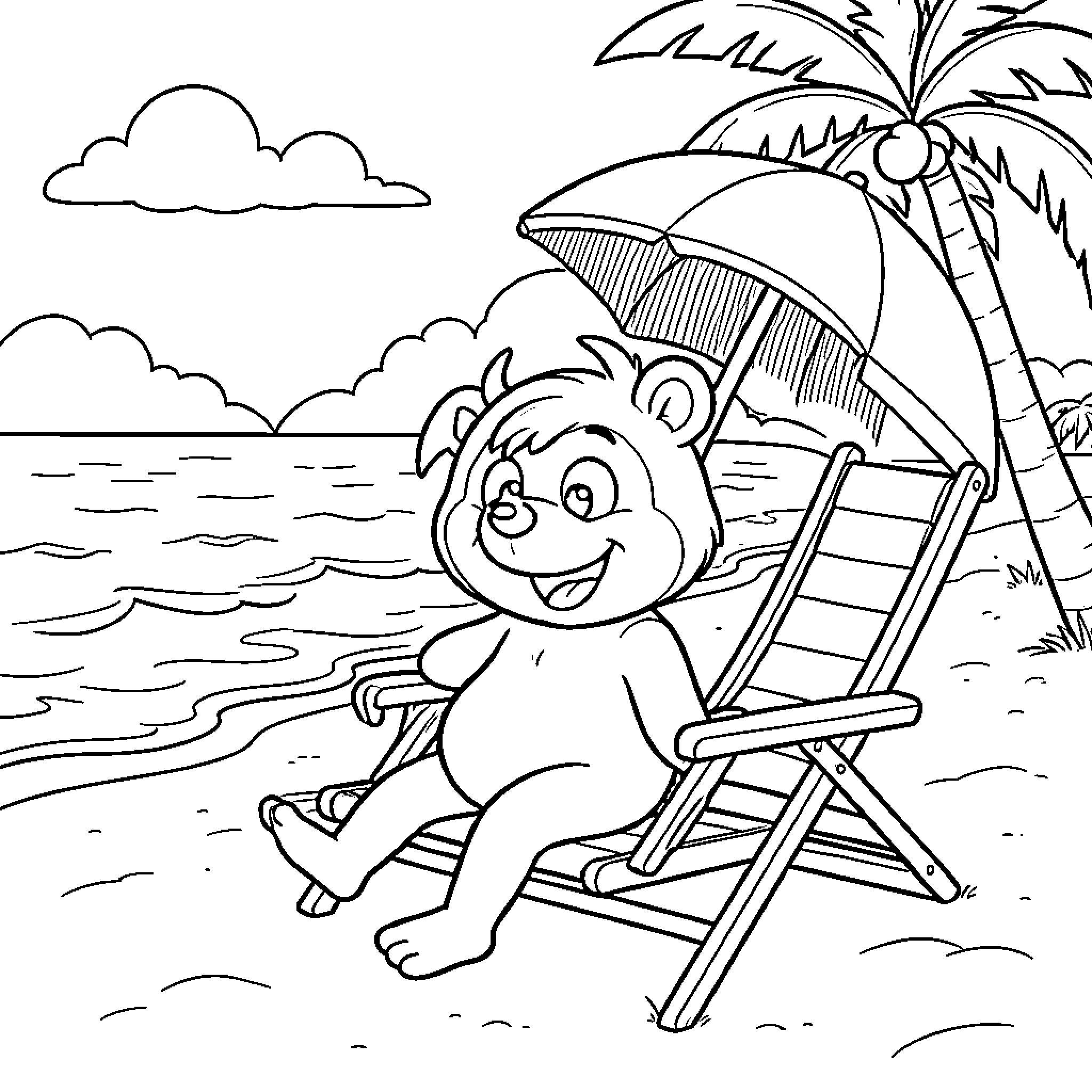 Marsupilami enjoying a day at the beach Coloring Page (free black-and-white line drawing printable PDF for all, from beginners to advanced learners, including children, teens, adults, and seniors)