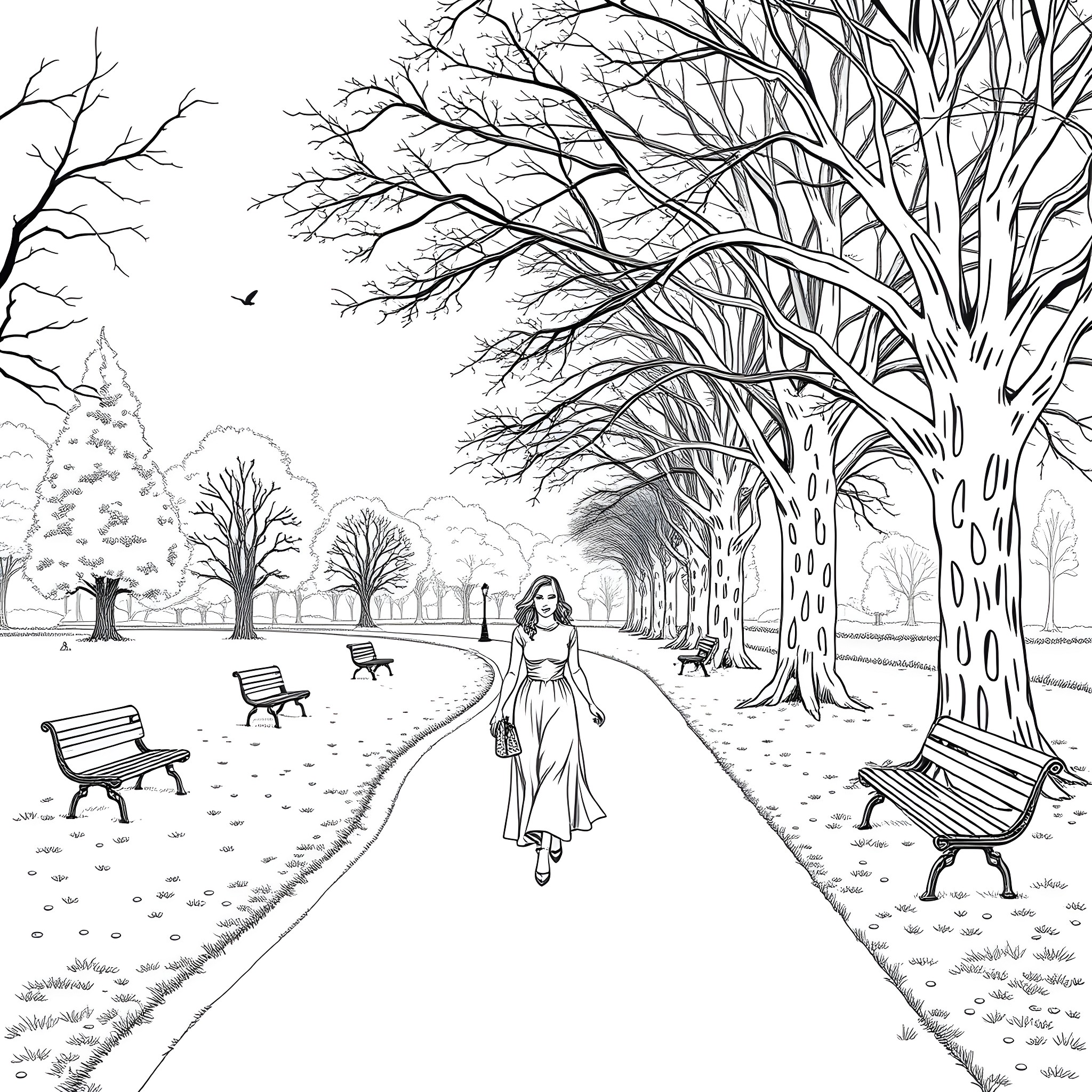 Lady walking alone in the tranquil winter park Coloring Page (free black-and-white line drawing printable PDF for all, from beginners to advanced learners, including children, teens, adults, and seniors)
