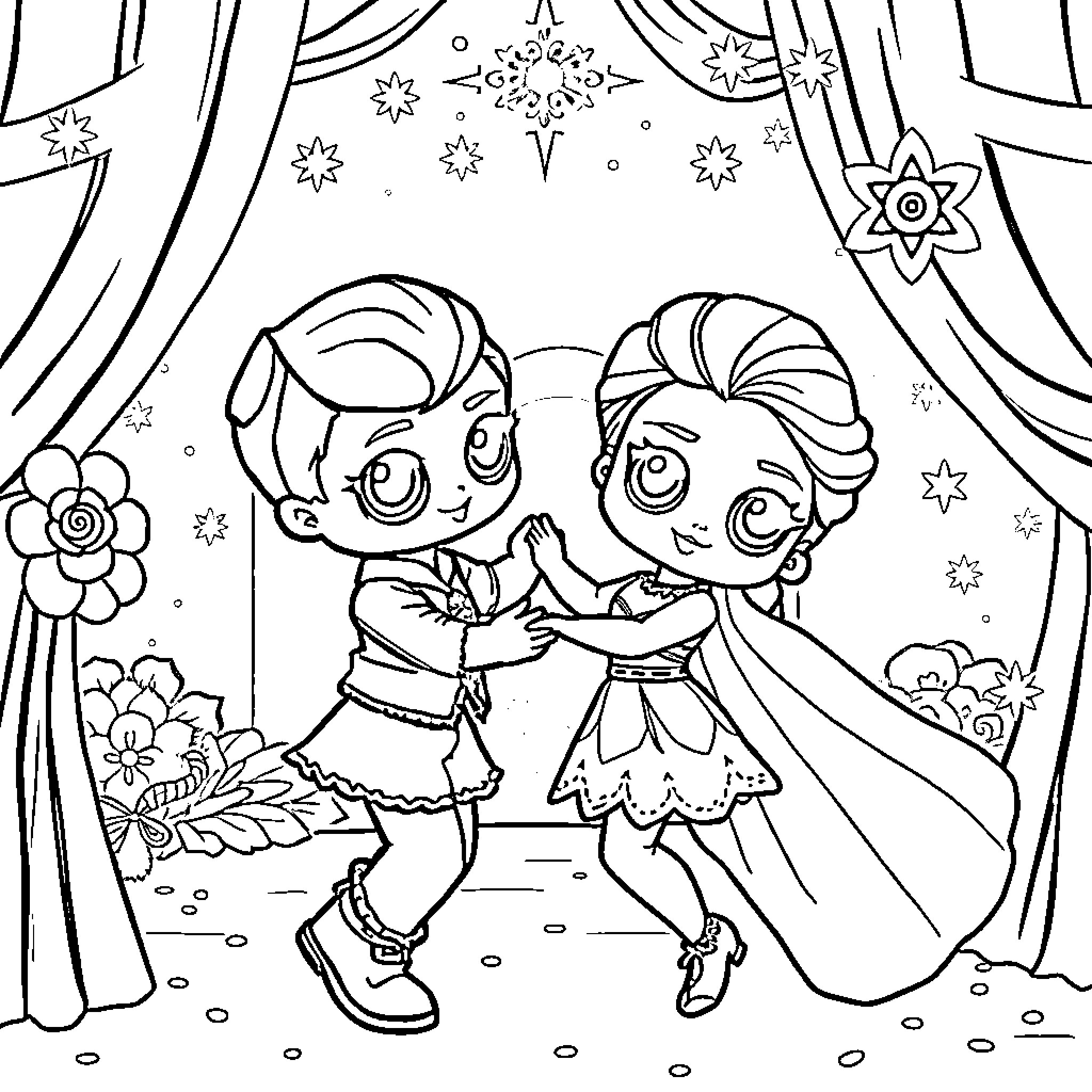 LOL Kids Dressed for a Festive Dance Party Coloring Page (free black-and-white line drawing printable PDF for all, from beginners to advanced learners, including children, teens, adults, and seniors)