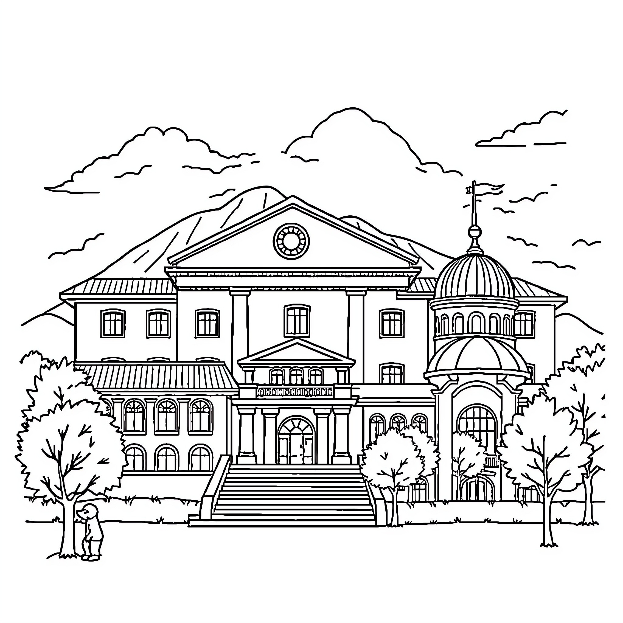 Institutions of grand architecture and design Coloring Page (free black-and-white line drawing printable PDF for all, from beginners to advanced learners, including children, teens, adults, and seniors)