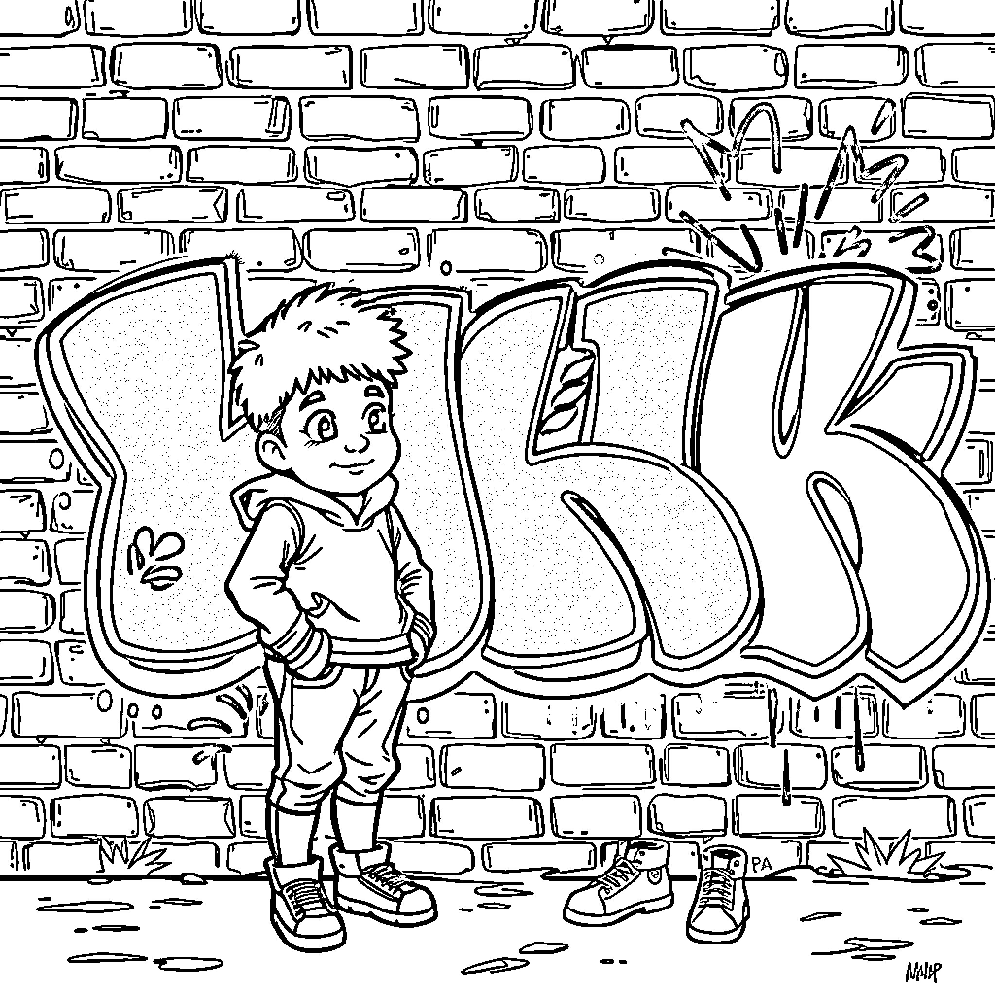 Malachi's Graffiti Adventure Coloring Page (free black-and-white line drawing printable PDF for all, from beginners to advanced learners, including children, teens, adults, and seniors)