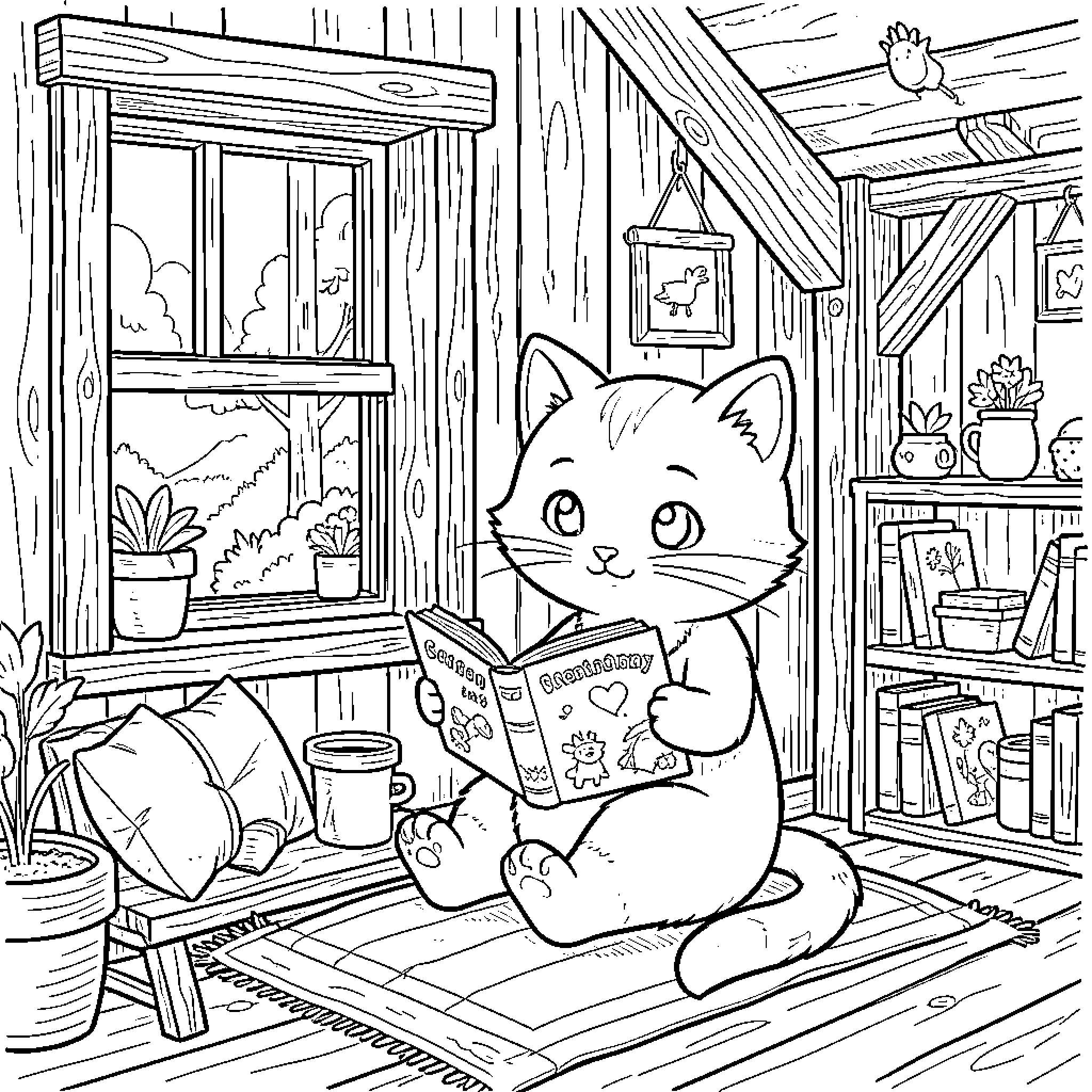 Cat reading a book in cozy cabin Coloring Page (free black-and-white line drawing printable PDF for all, from beginners to advanced learners, including children, teens, adults, and seniors)