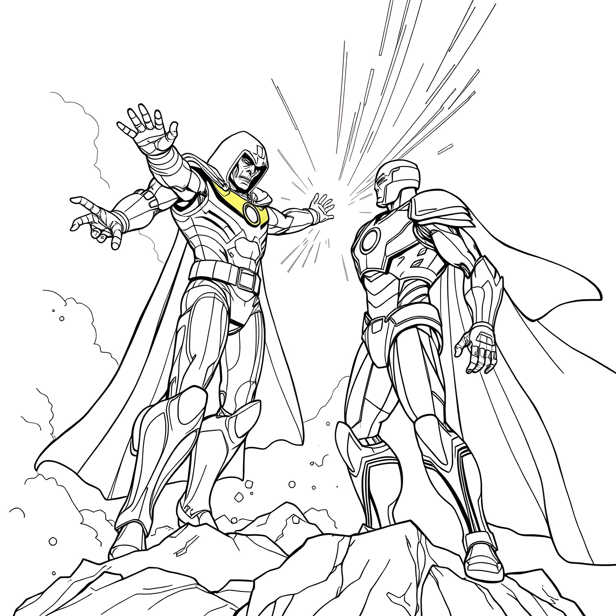 Doctor Doom battling against a futuristic hero Coloring Page (free black-and-white line drawing printable PDF for all, from beginners to advanced learners, including children, teens, adults, and seniors)