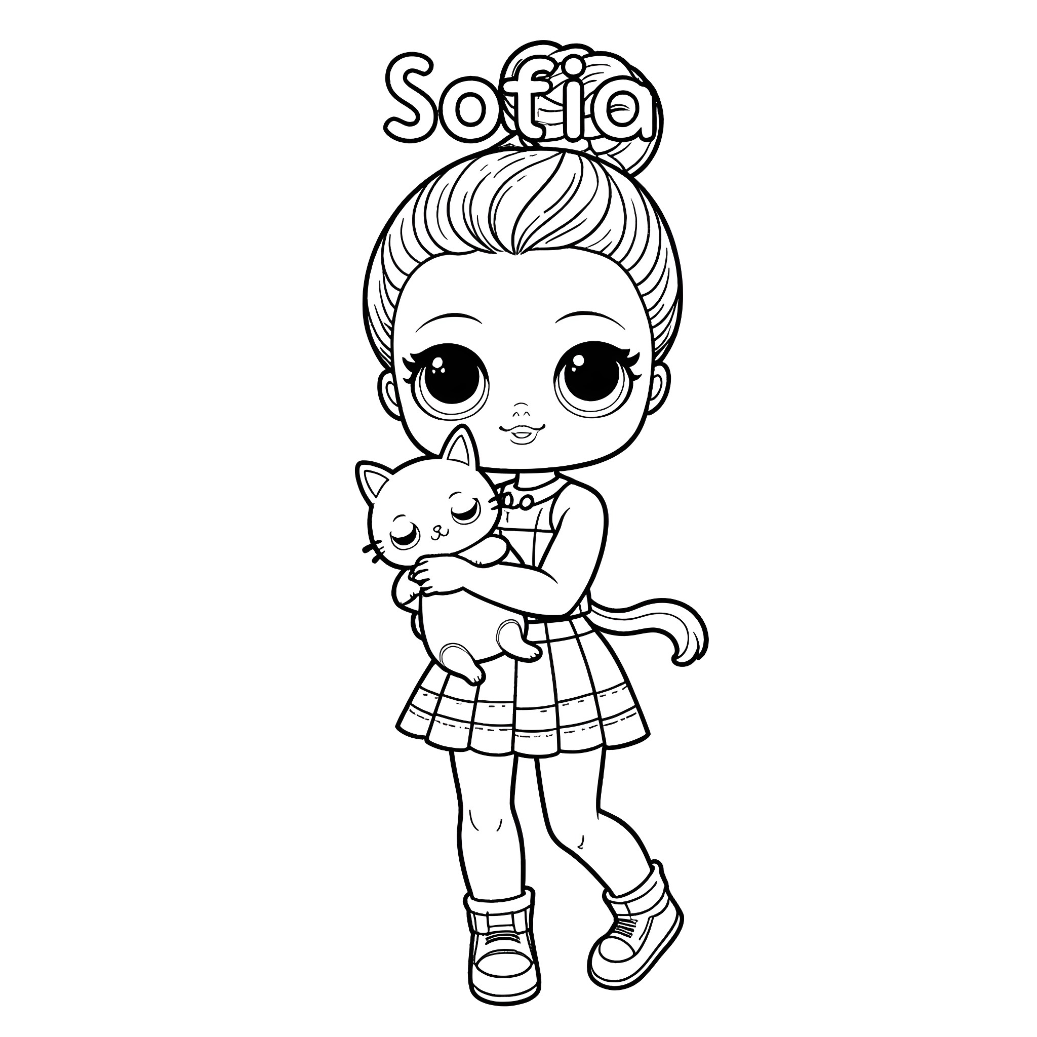 Lol Doll playing with pet cat Coloring Page (free black-and-white line drawing printable PDF for all, from beginners to advanced learners, including children, teens, adults, and seniors)