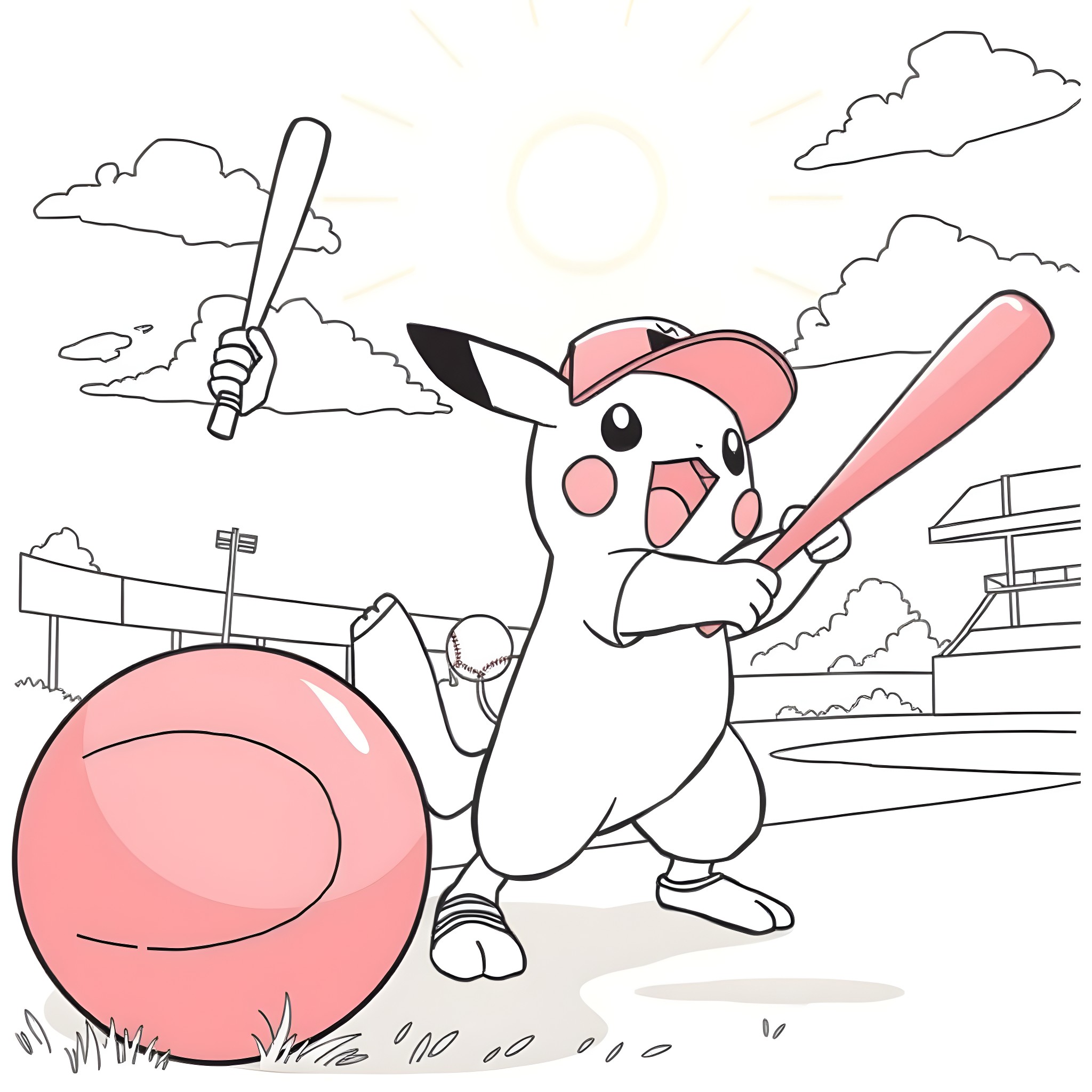 Pokémon character playing baseball on the field Coloring Page (free black-and-white line drawing printable PDF for all, from beginners to advanced learners, including children, teens, adults, and seniors)