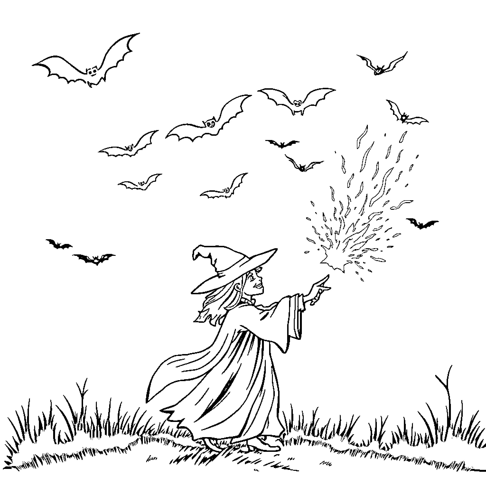 Bat Witch casting a spell with bats flying in the night Coloring Page (free black-and-white line drawing printable PDF for all, from beginners to advanced learners, including children, teens, adults, and seniors)