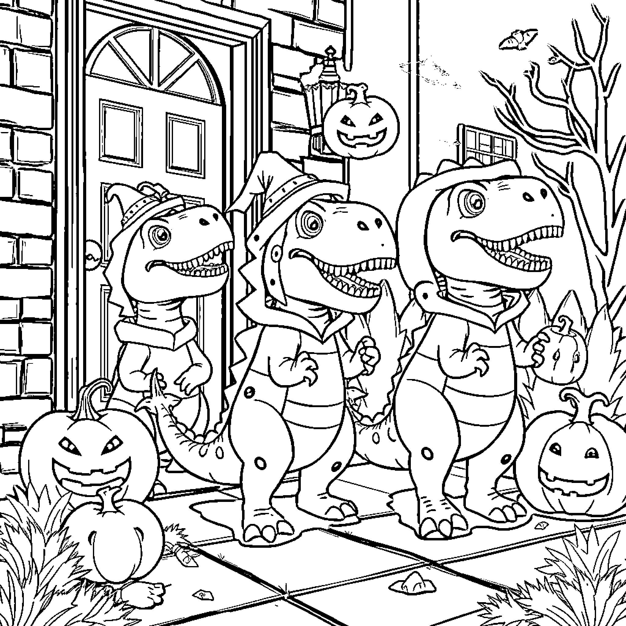 Dinosaur trick-or-treating on Halloween night Coloring Page (free black-and-white line drawing printable PDF for all, from beginners to advanced learners, including children, teens, adults, and seniors)