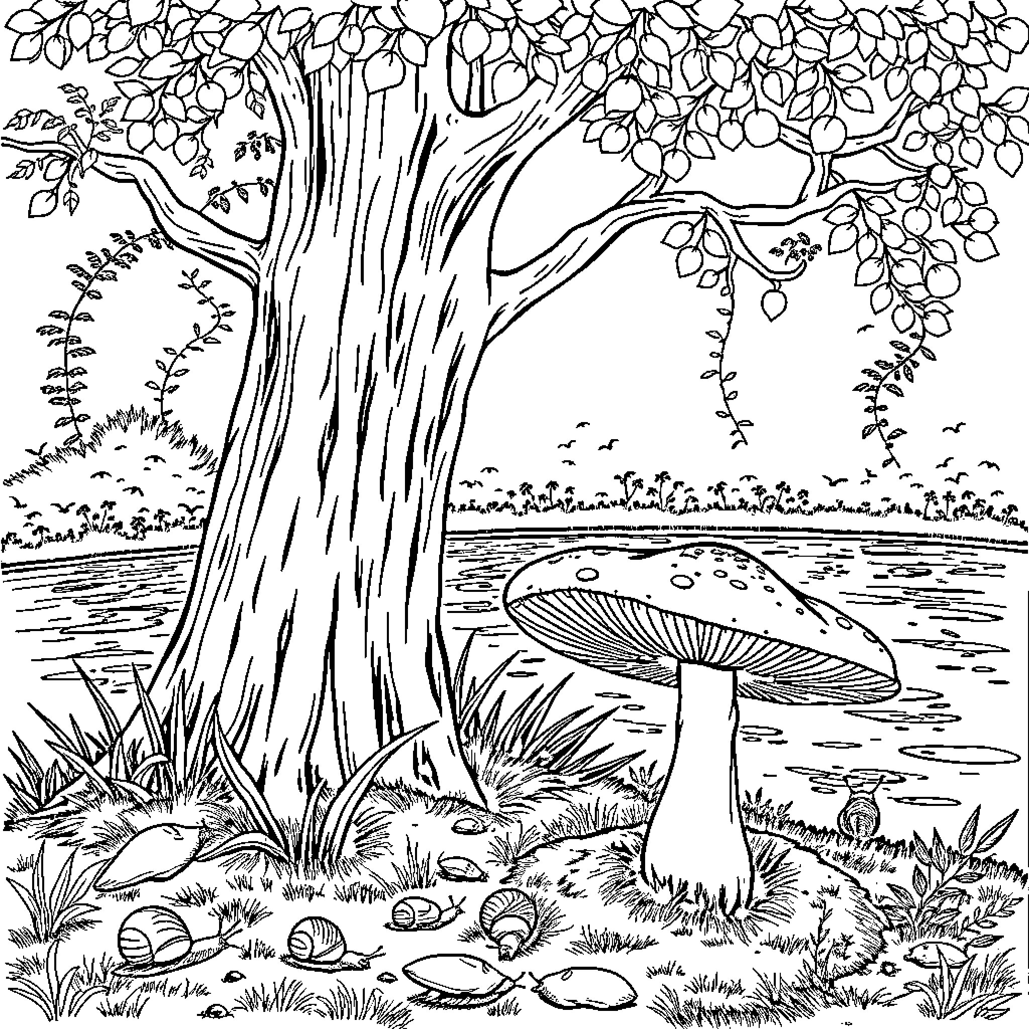 Mushroom Forest Landscape with Lush Foliage Coloring Page (free black-and-white line drawing printable PDF for all, from beginners to advanced learners, including children, teens, adults, and seniors)