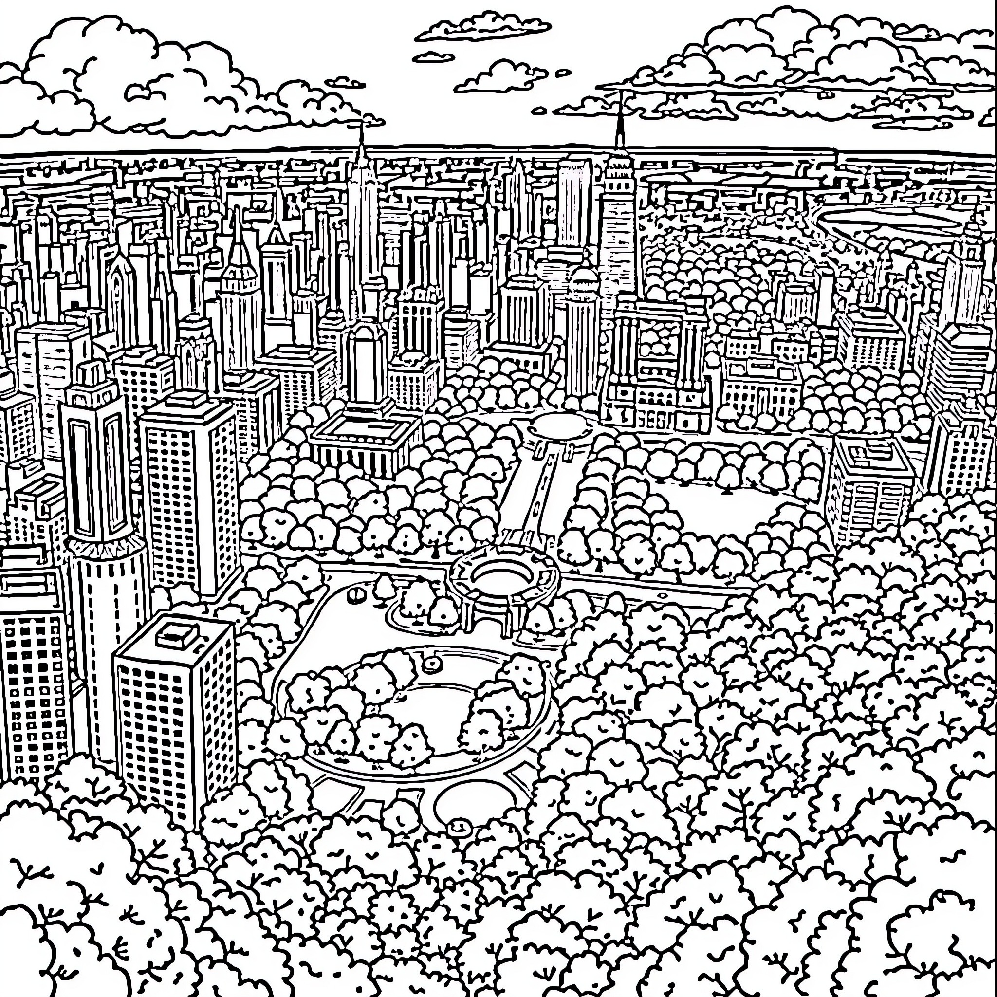 City skyline with bustling cityscape Coloring Page (free black-and-white line drawing printable PDF for all, from beginners to advanced learners, including children, teens, adults, and seniors)