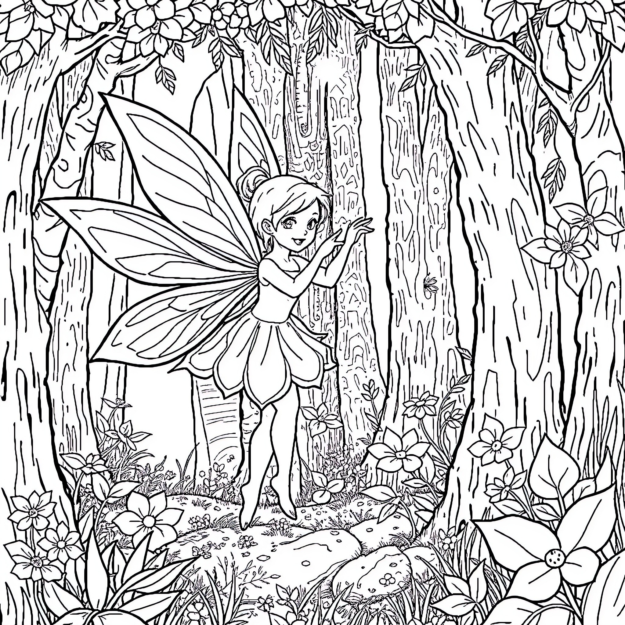 Tinkerbell exploring the enchanted forest Coloring Page (free black-and-white line drawing printable PDF for all, from beginners to advanced learners, including children, teens, adults, and seniors)