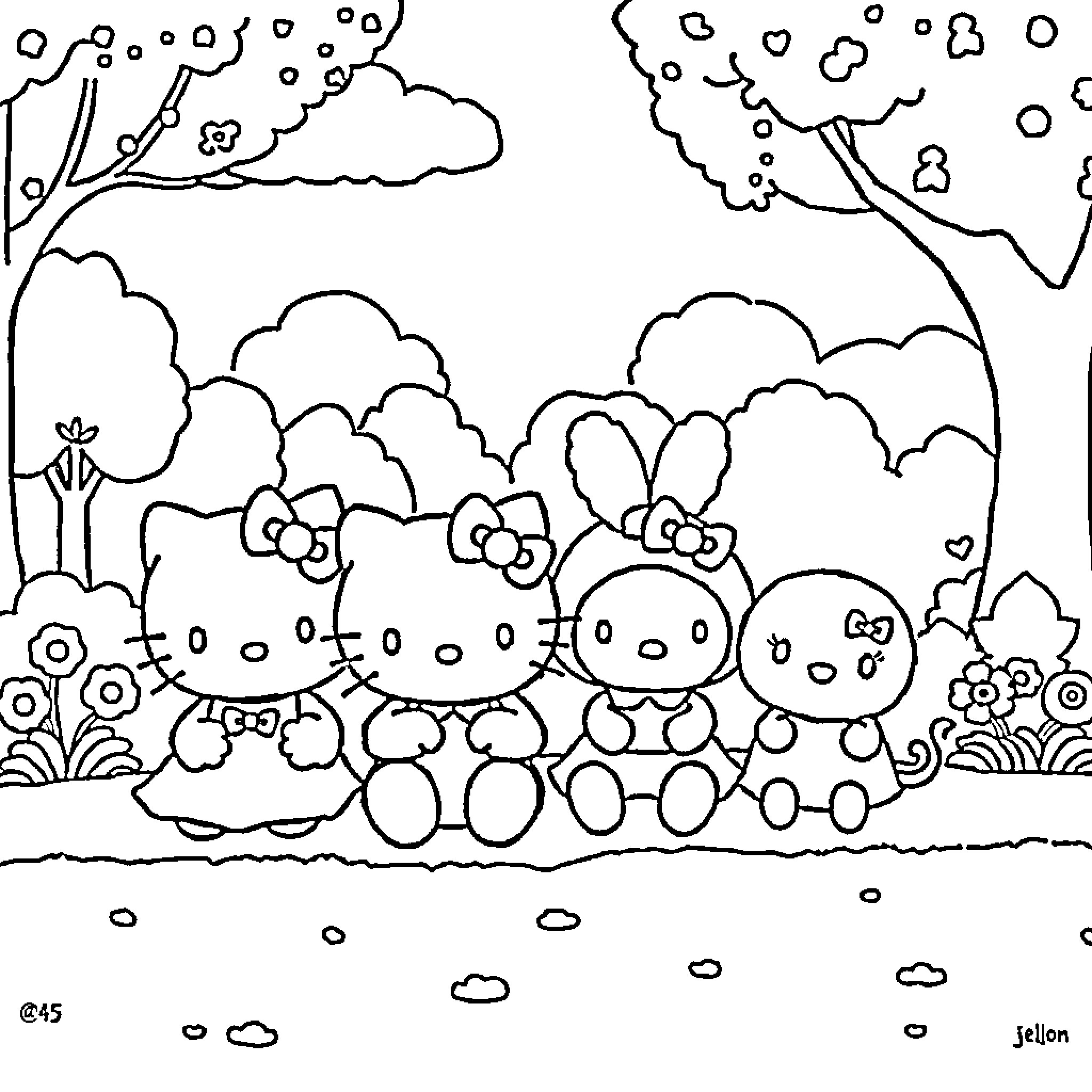 Hello Kitty and friends explore the outdoors Coloring Page (free black-and-white line drawing printable PDF for all, from beginners to advanced learners, including children, teens, adults, and seniors)