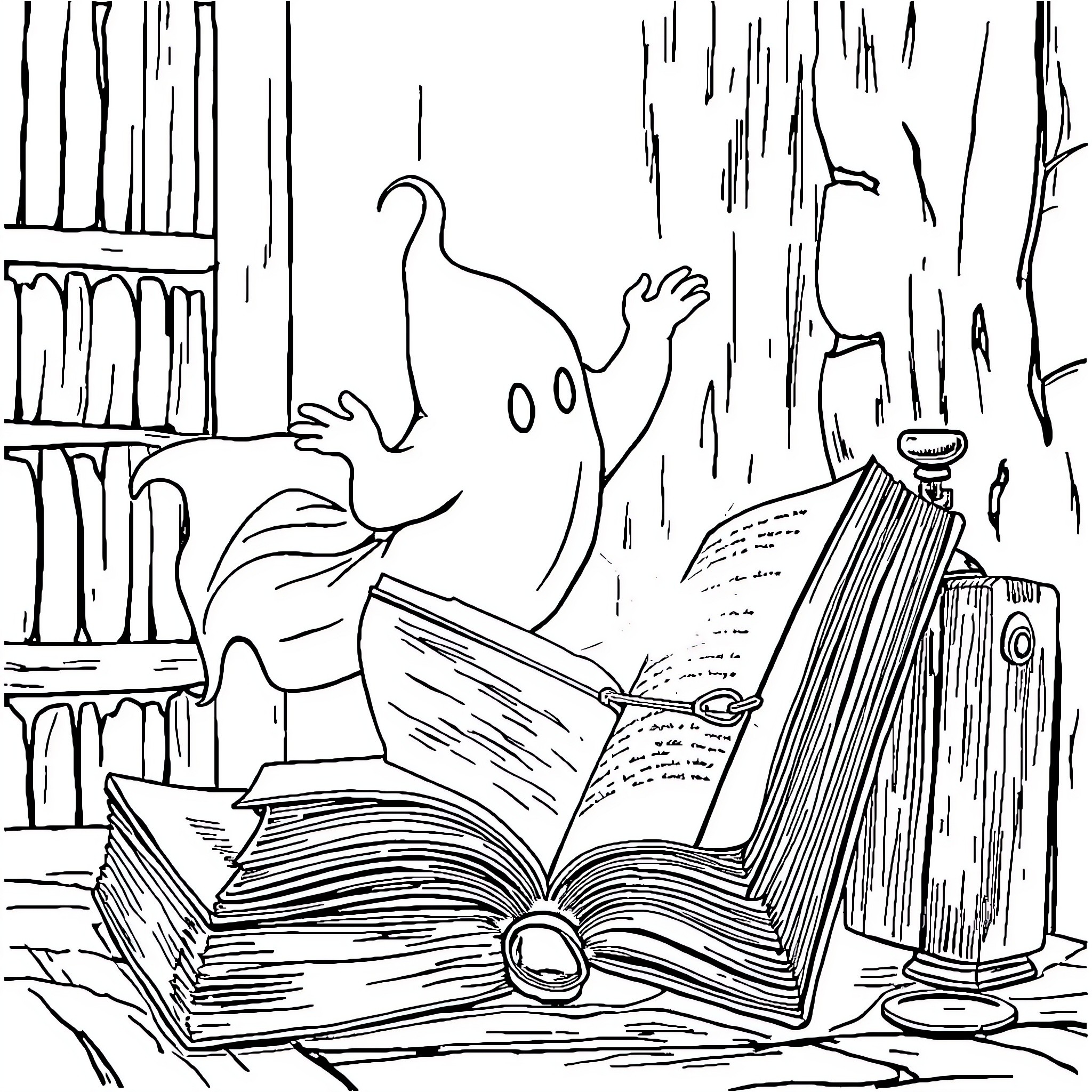 Ghost exploring enchanted books in the library Coloring Page (free black-and-white line drawing printable PDF for all, from beginners to advanced learners, including children, teens, adults, and seniors)
