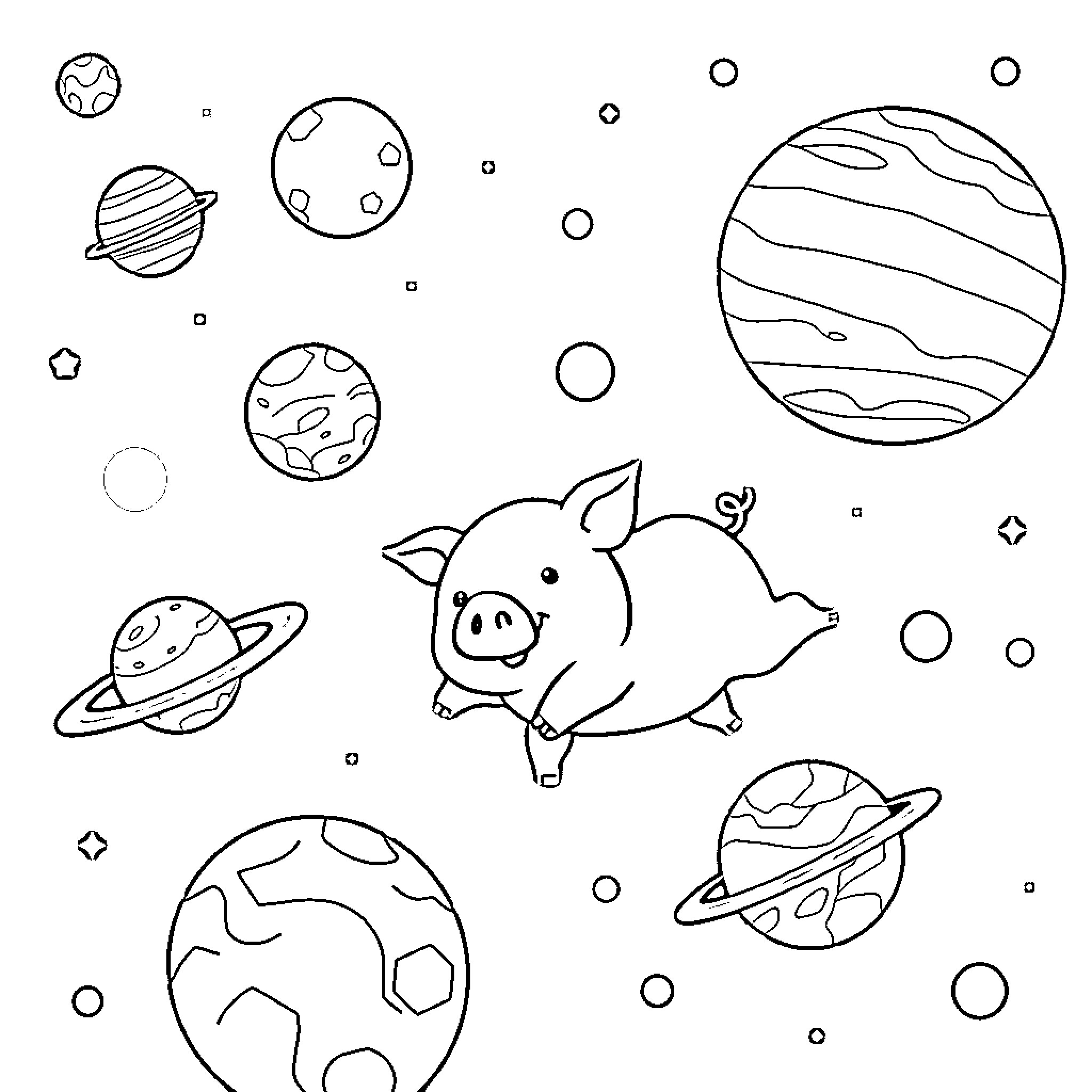 Pig exploring the cosmos with planets and stars Coloring Page (free black-and-white line drawing printable PDF for all, from beginners to advanced learners, including children, teens, adults, and seniors)