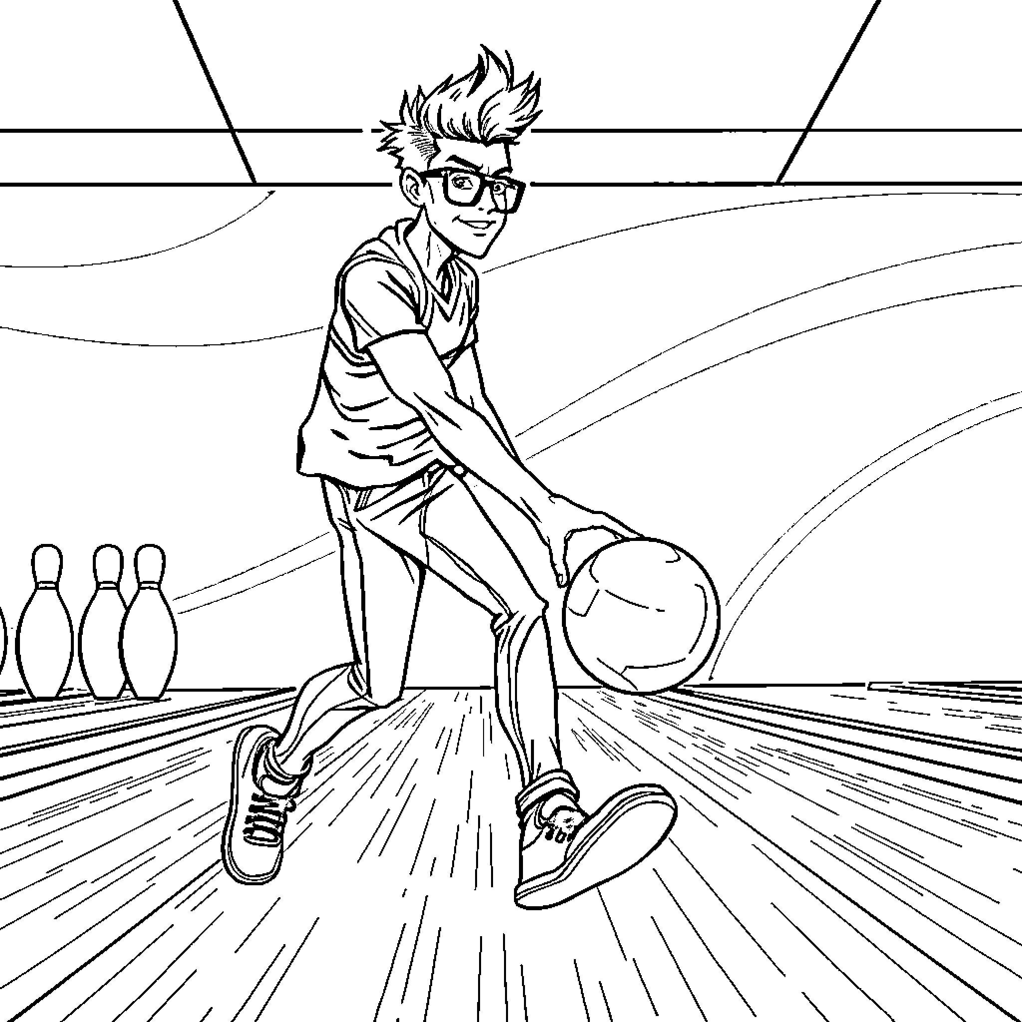 Guy enjoying a game of bowling Coloring Page (free black-and-white line drawing printable PDF for all, from beginners to advanced learners, including children, teens, adults, and seniors)
