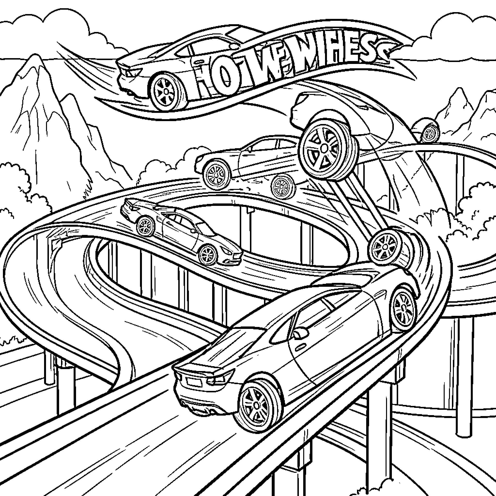 Car racing fast on a winding mountain track Coloring Page (free black-and-white line drawing printable PDF for all, from beginners to advanced learners, including children, teens, adults, and seniors)