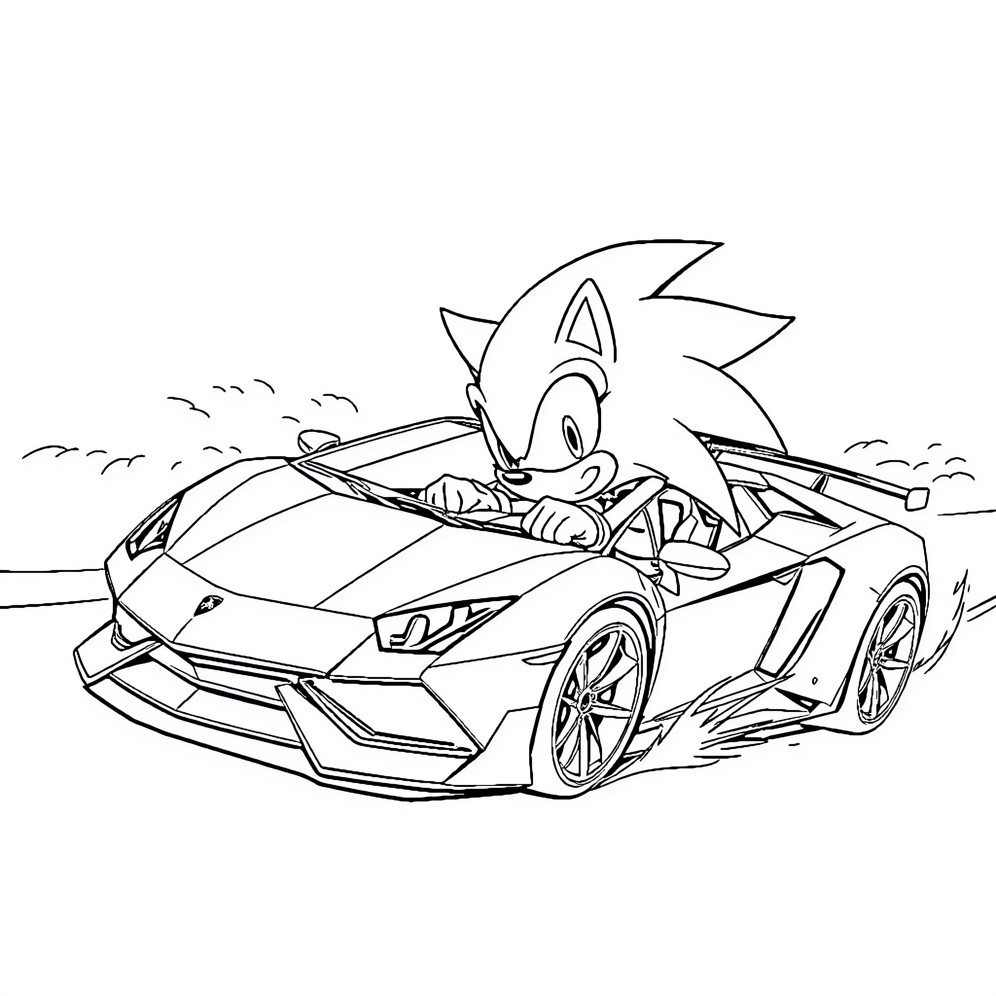 Sonic speeding in futuristic sports car Coloring Page (free black-and-white line drawing printable PDF for all, from beginners to advanced learners, including children, teens, adults, and seniors)