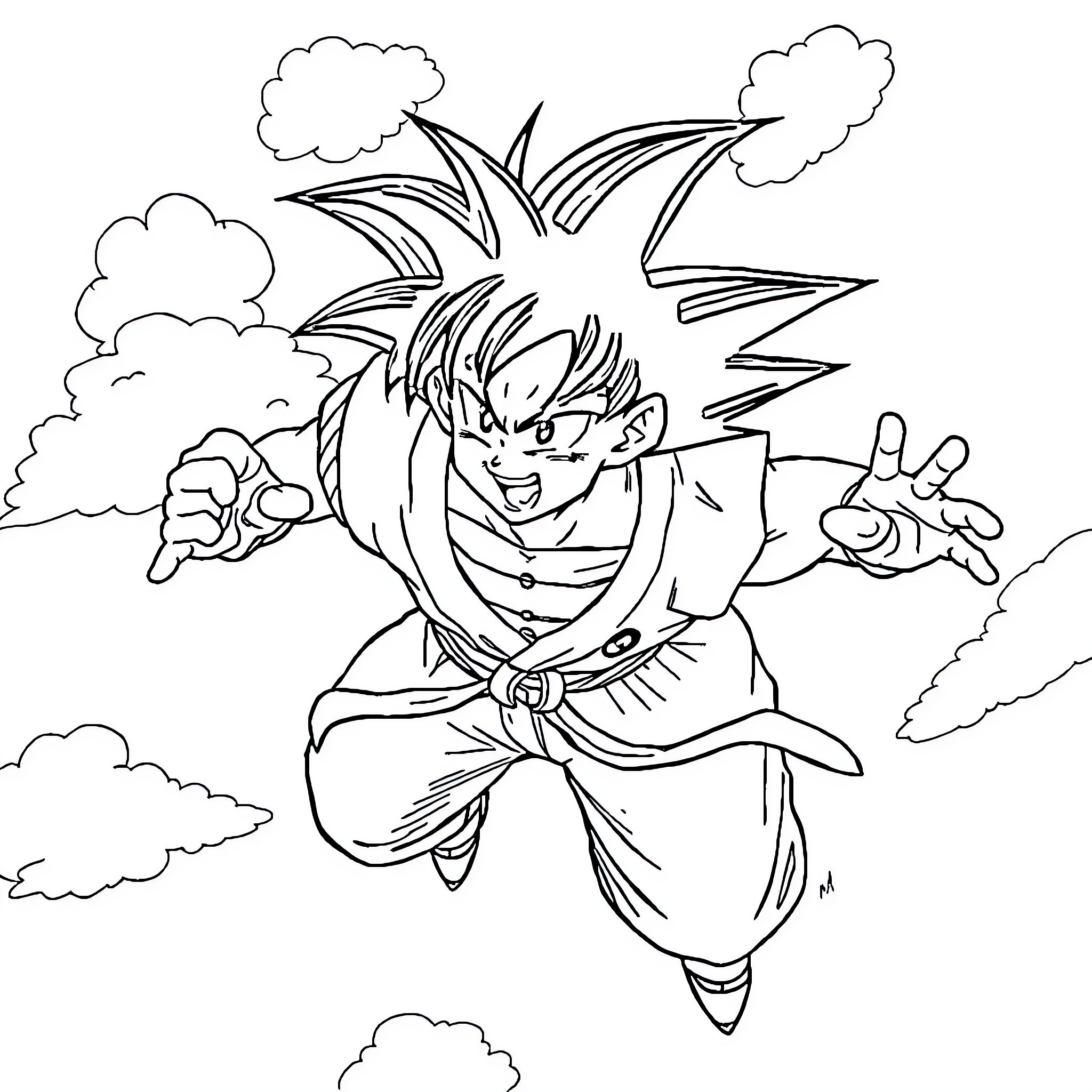 Goku unleashing powerful energy in the sky Coloring Page (free black-and-white line drawing printable PDF for all, from beginners to advanced learners, including children, teens, adults, and seniors)