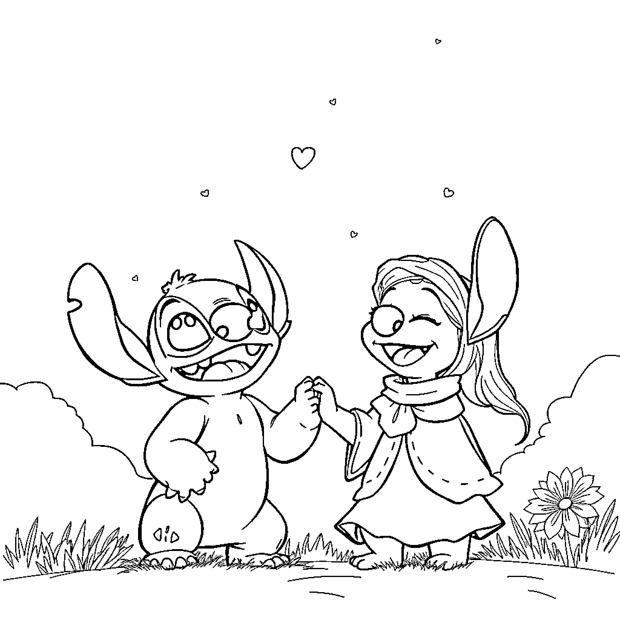 Stitch and Lilo playing in the garden Coloring Page (free black-and-white line drawing printable PDF for all, from beginners to advanced learners, including children, teens, adults, and seniors)