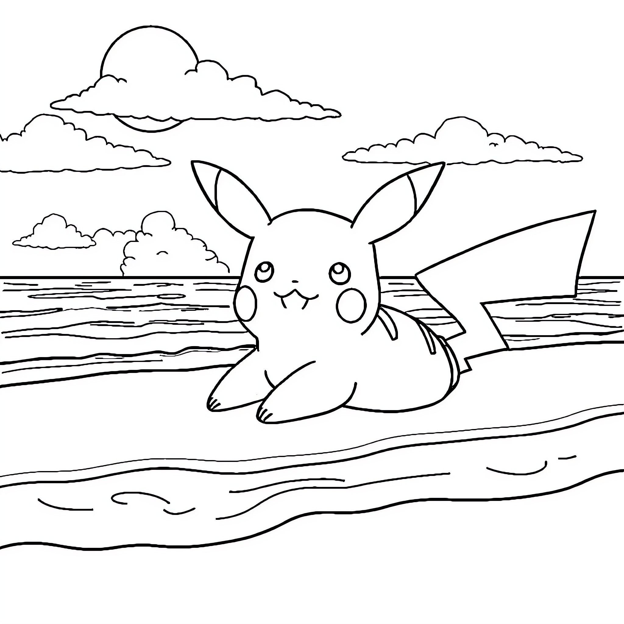 Pikachu relaxing by the beach Coloring Page (free black-and-white line drawing printable PDF for all, from beginners to advanced learners, including children, teens, adults, and seniors)