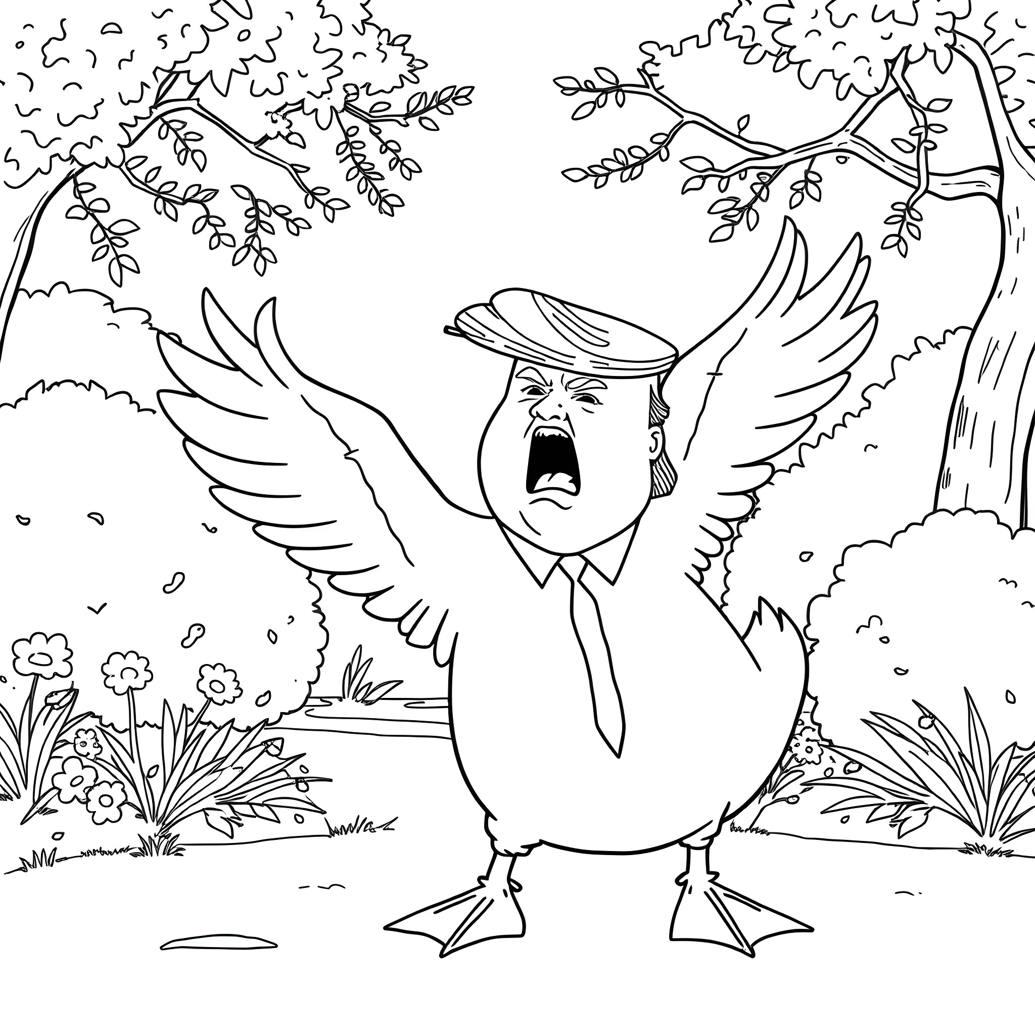 Duck with wings and angry expression in nature Coloring Page (free black-and-white line drawing printable PDF for all, from beginners to advanced learners, including children, teens, adults, and seniors)