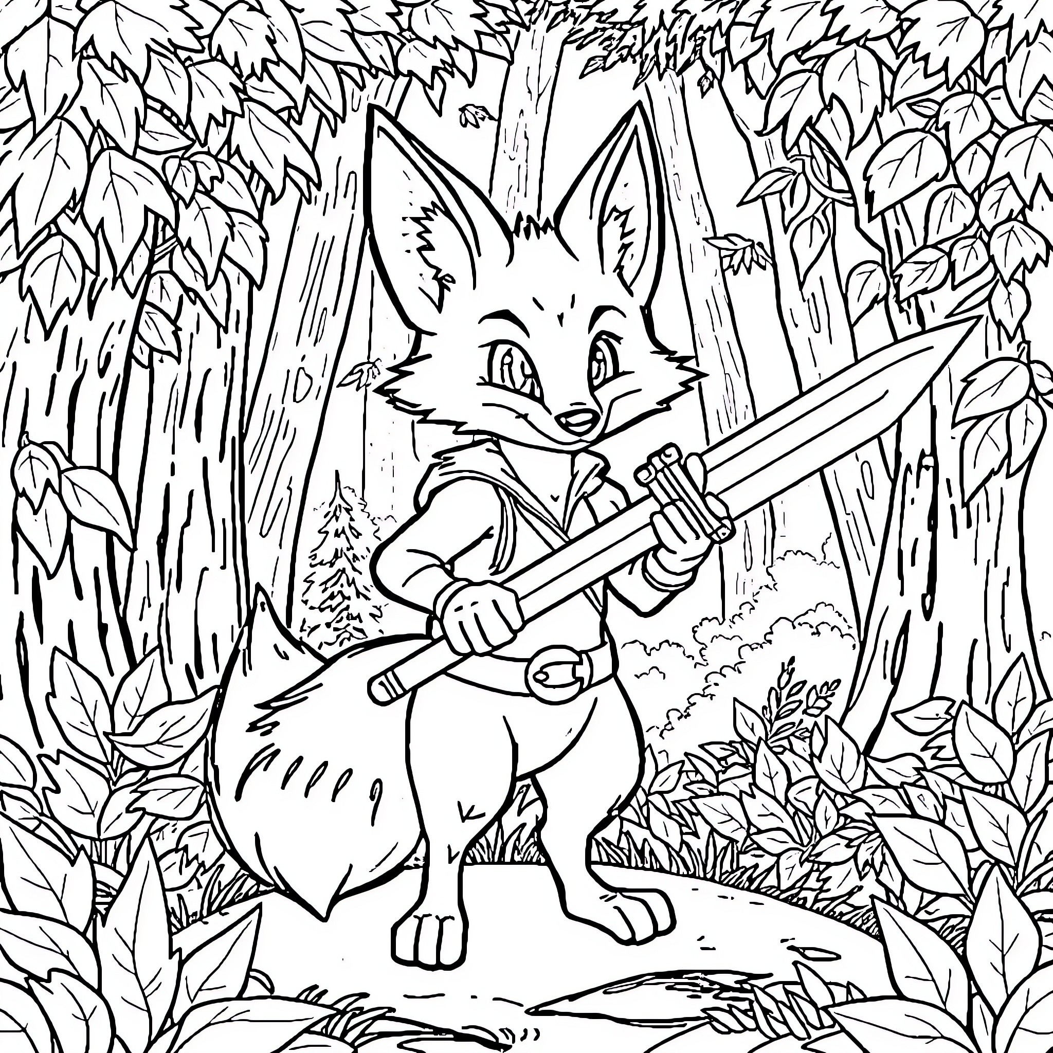 Fox warrior exploring the enchanted forest Coloring Page (free black-and-white line drawing printable PDF for all, from beginners to advanced learners, including children, teens, adults, and seniors)