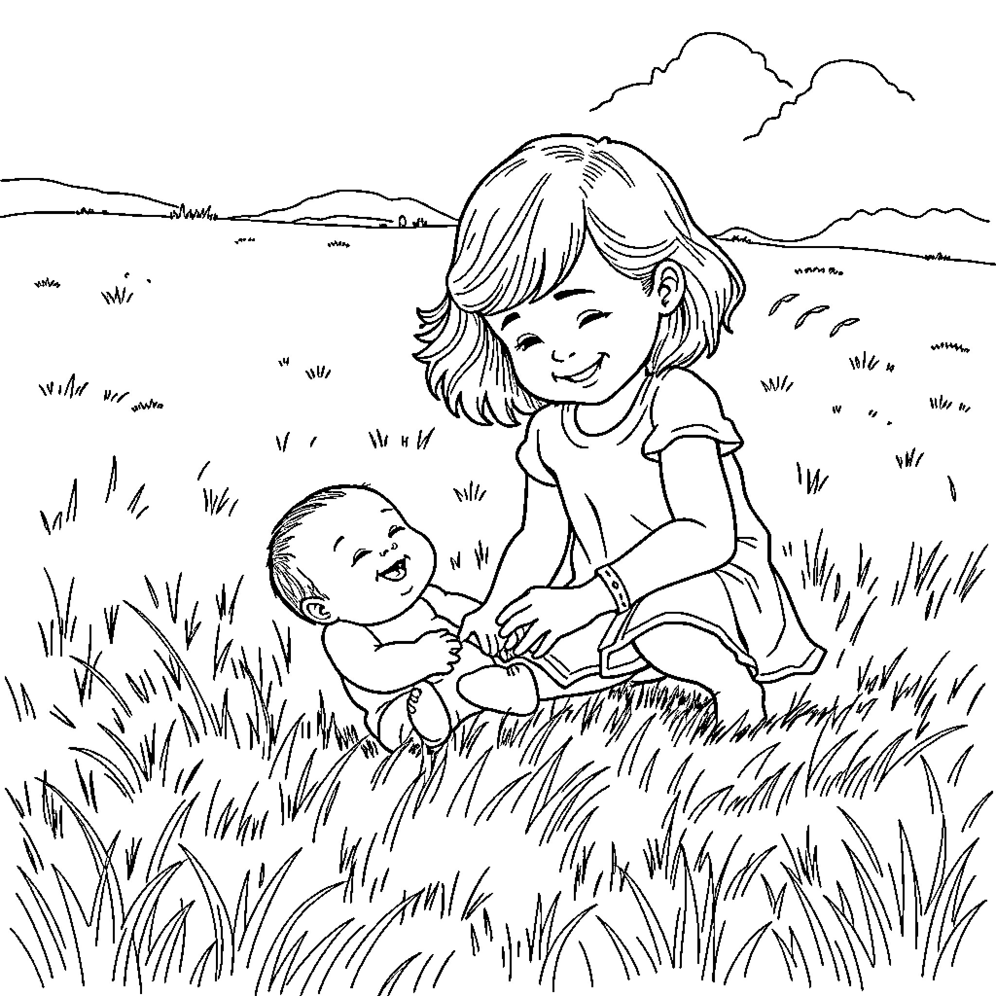 Girl playing with baby in grassy field Coloring Page (free black-and-white line drawing printable PDF for all, from beginners to advanced learners, including children, teens, adults, and seniors)