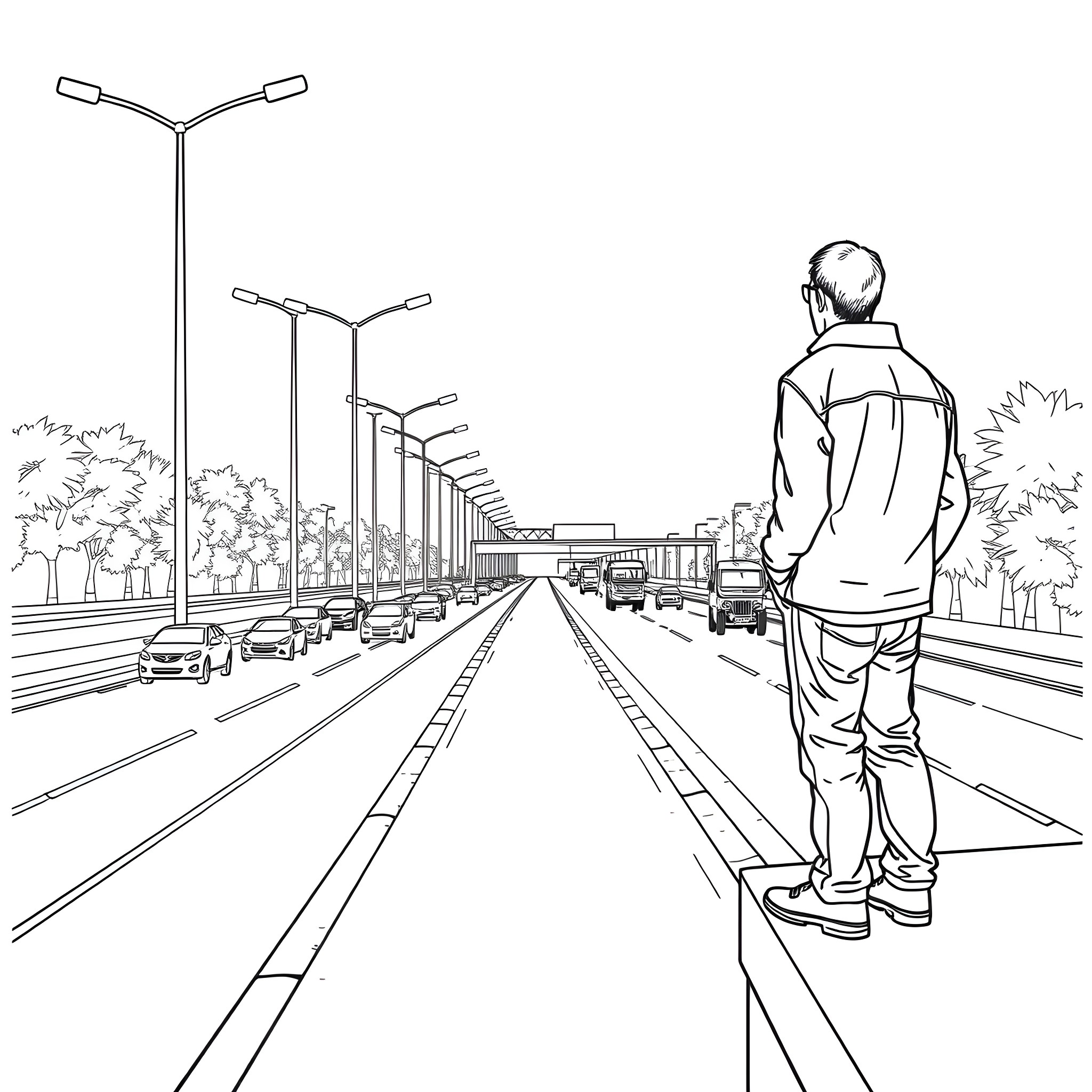 Man walking alone on urban street Coloring Page (free black-and-white line drawing printable PDF for all, from beginners to advanced learners, including children, teens, adults, and seniors)