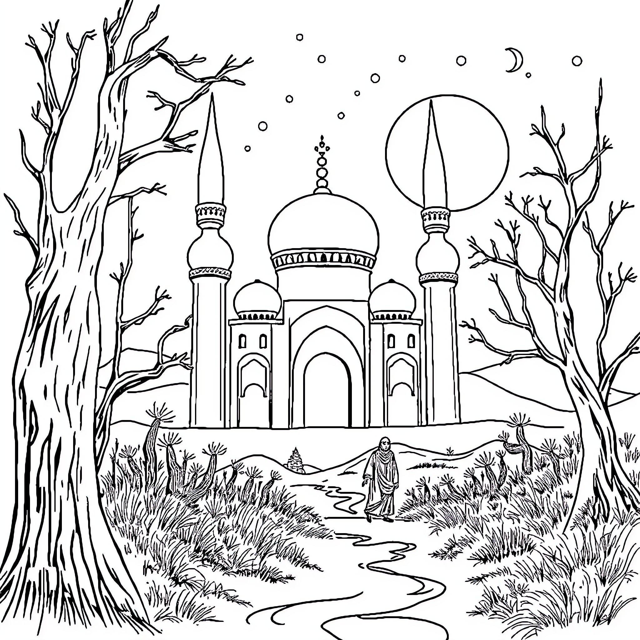 Porsche Arabian-Inspired Palace in Moonlit Forest Coloring Page (free black-and-white line drawing printable PDF for all, from beginners to advanced learners, including children, teens, adults, and seniors)