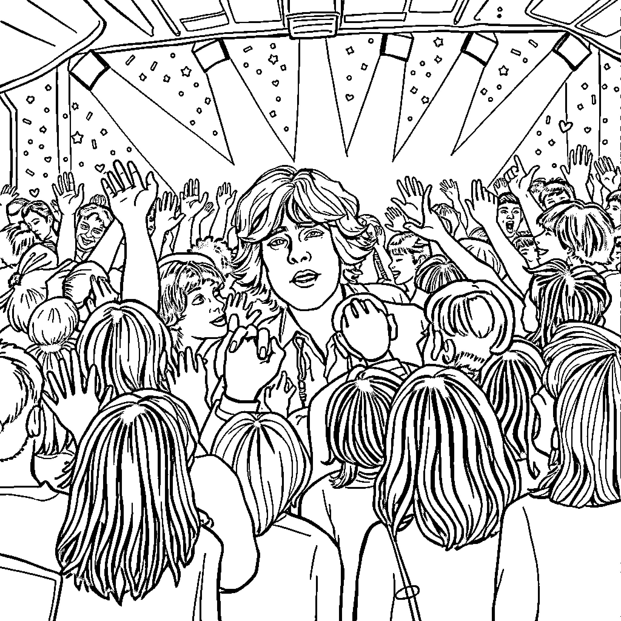 Harrison surrounded by an enthusiastic crowd Coloring Page (free black-and-white line drawing printable PDF for all, from beginners to advanced learners, including children, teens, adults, and seniors)