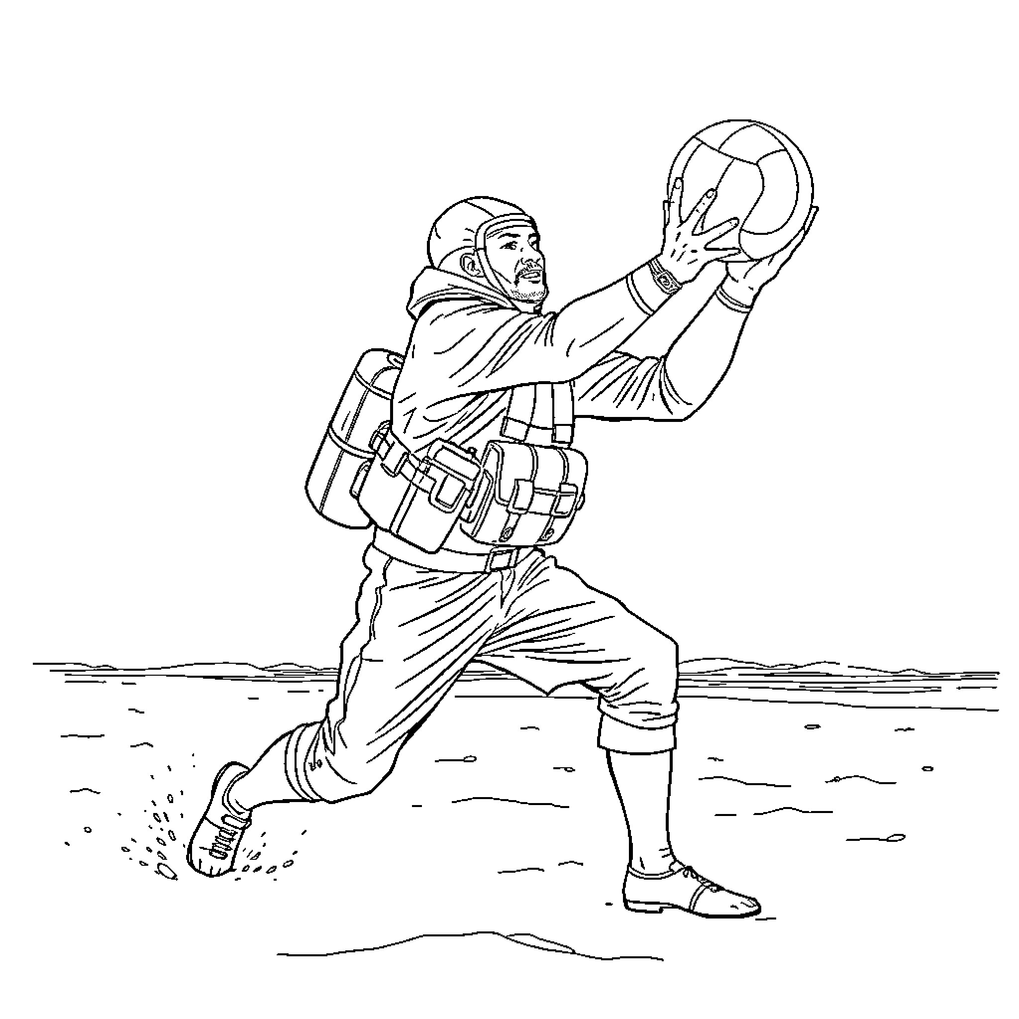 Man in protective gear catching a ball Coloring Page (free black-and-white line drawing printable PDF for all, from beginners to advanced learners, including children, teens, adults, and seniors)