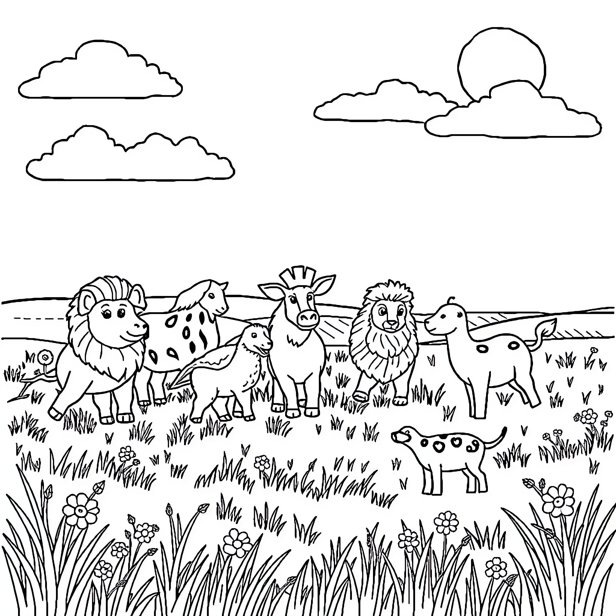 Animal friends in a peaceful natural scene Coloring Page (free black-and-white line drawing printable PDF for all, from beginners to advanced learners, including children, teens, adults, and seniors)