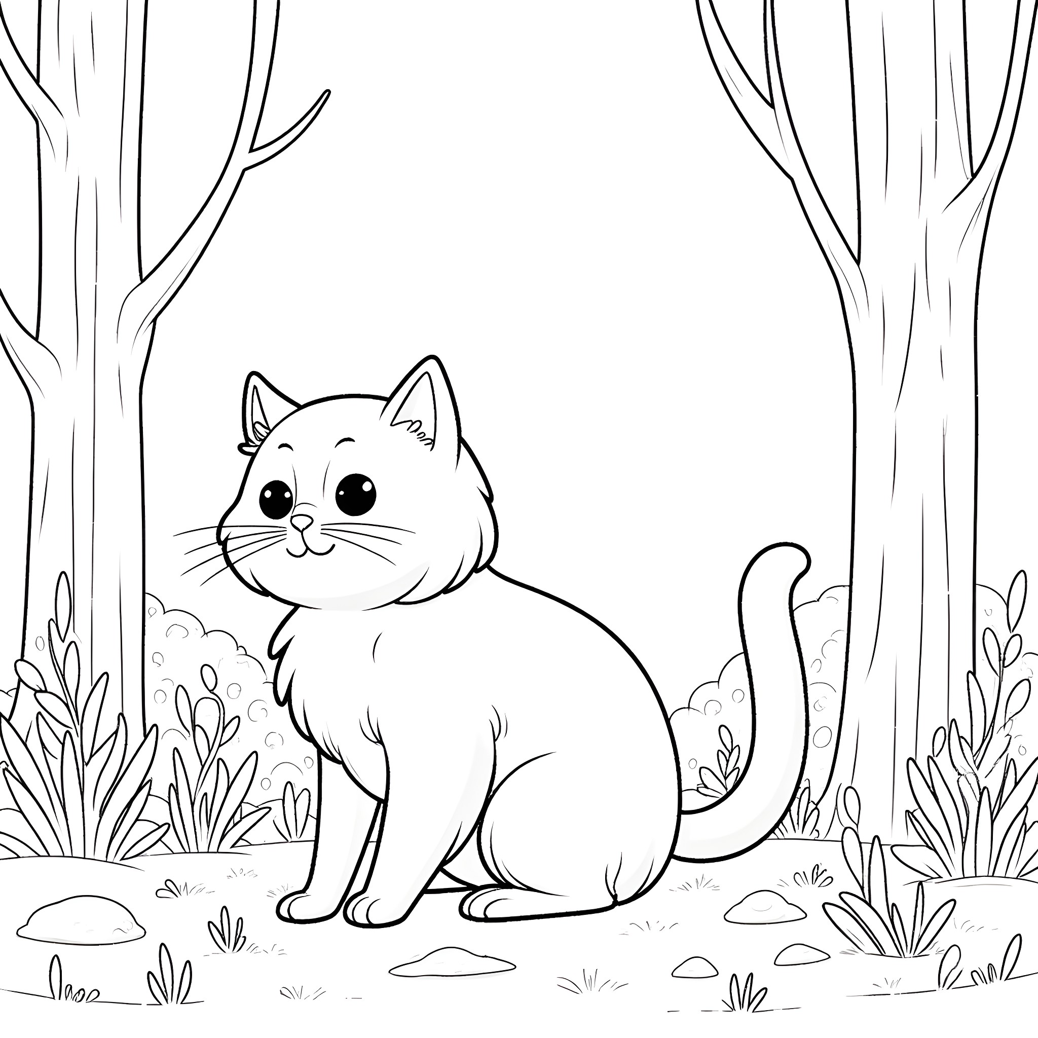 Munchkin Cat exploring the forest Coloring Page (free black-and-white line drawing printable PDF for all, from beginners to advanced learners, including children, teens, adults, and seniors)