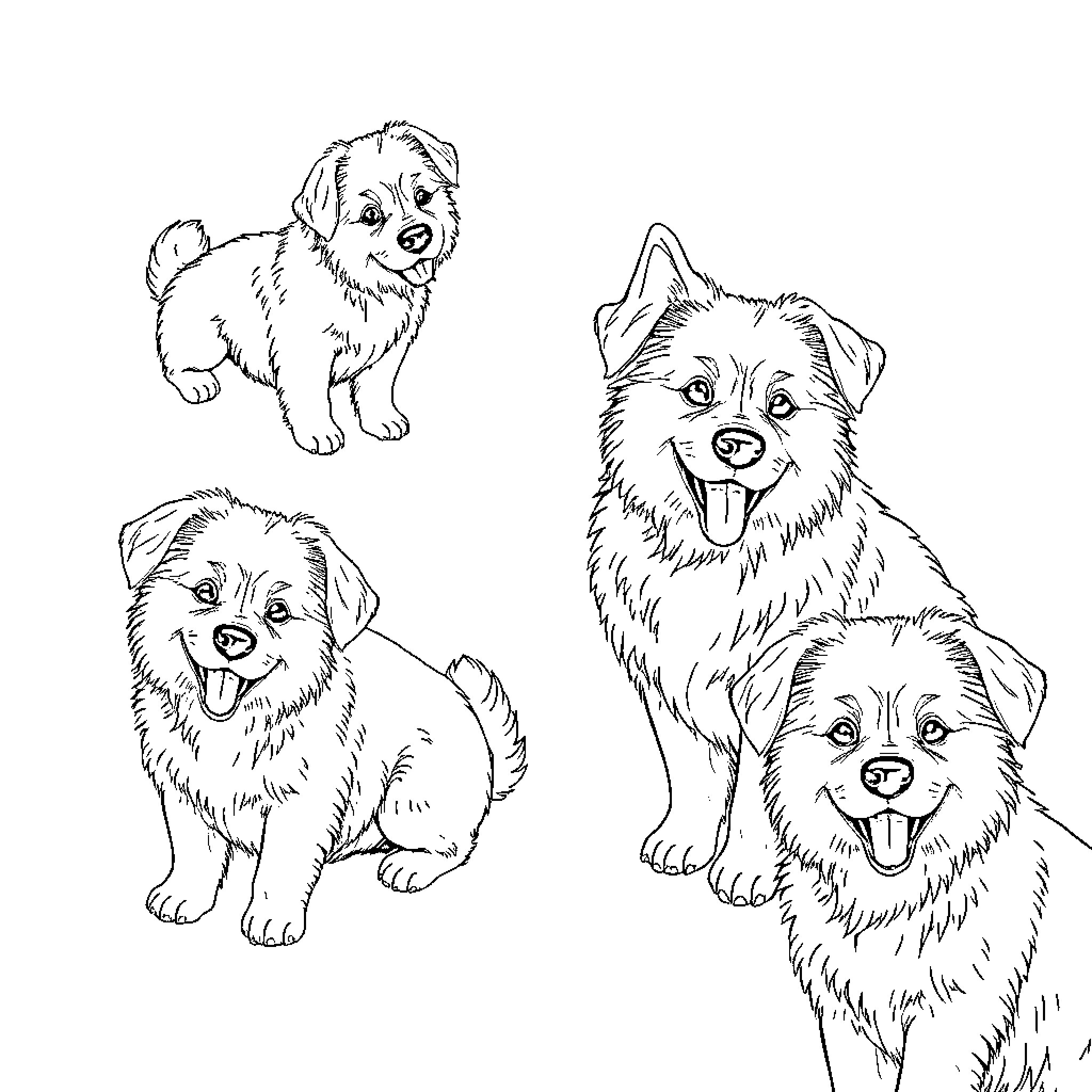 Dog Friends Exploring and Playing Coloring Page (free black-and-white line drawing printable PDF for all, from beginners to advanced learners, including children, teens, adults, and seniors)