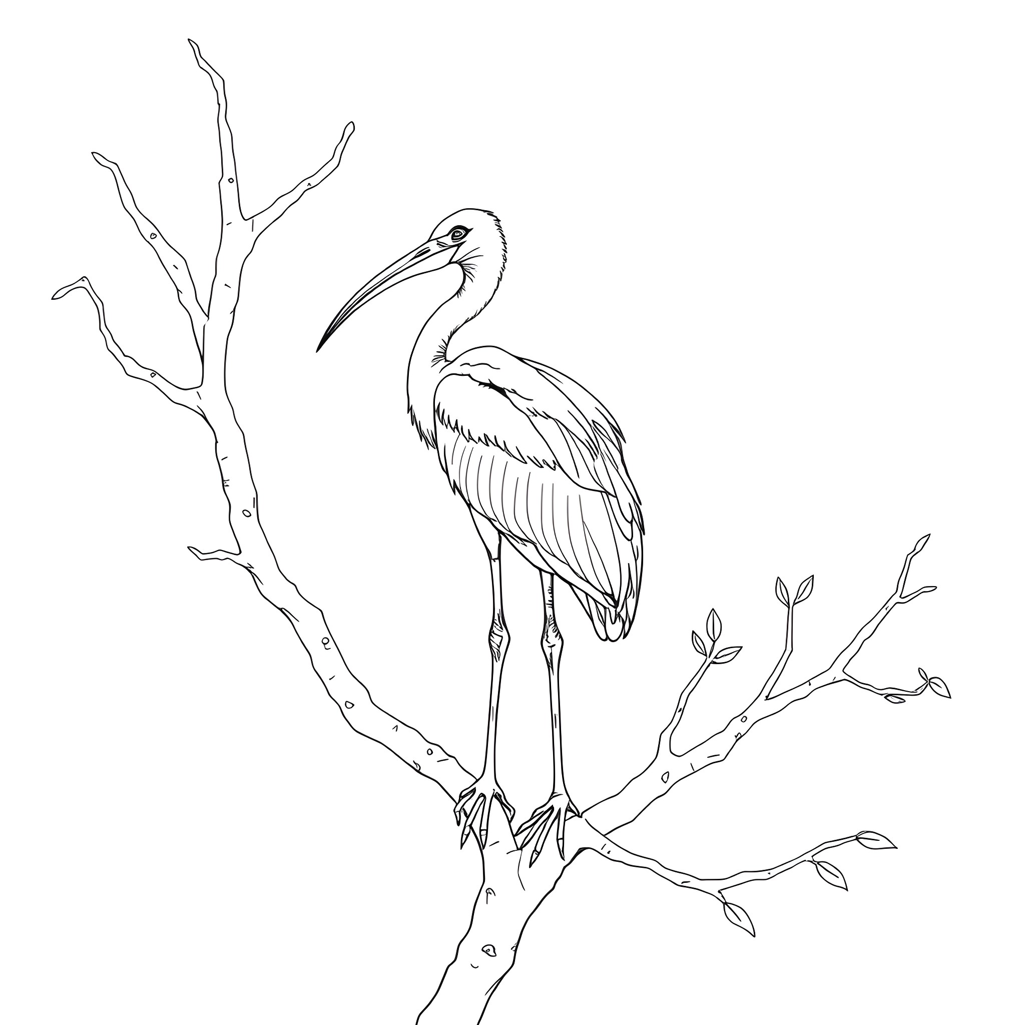 Scarlet Ibis perched on a bare tree branch Coloring Page (free black-and-white line drawing printable PDF for all, from beginners to advanced learners, including children, teens, adults, and seniors)