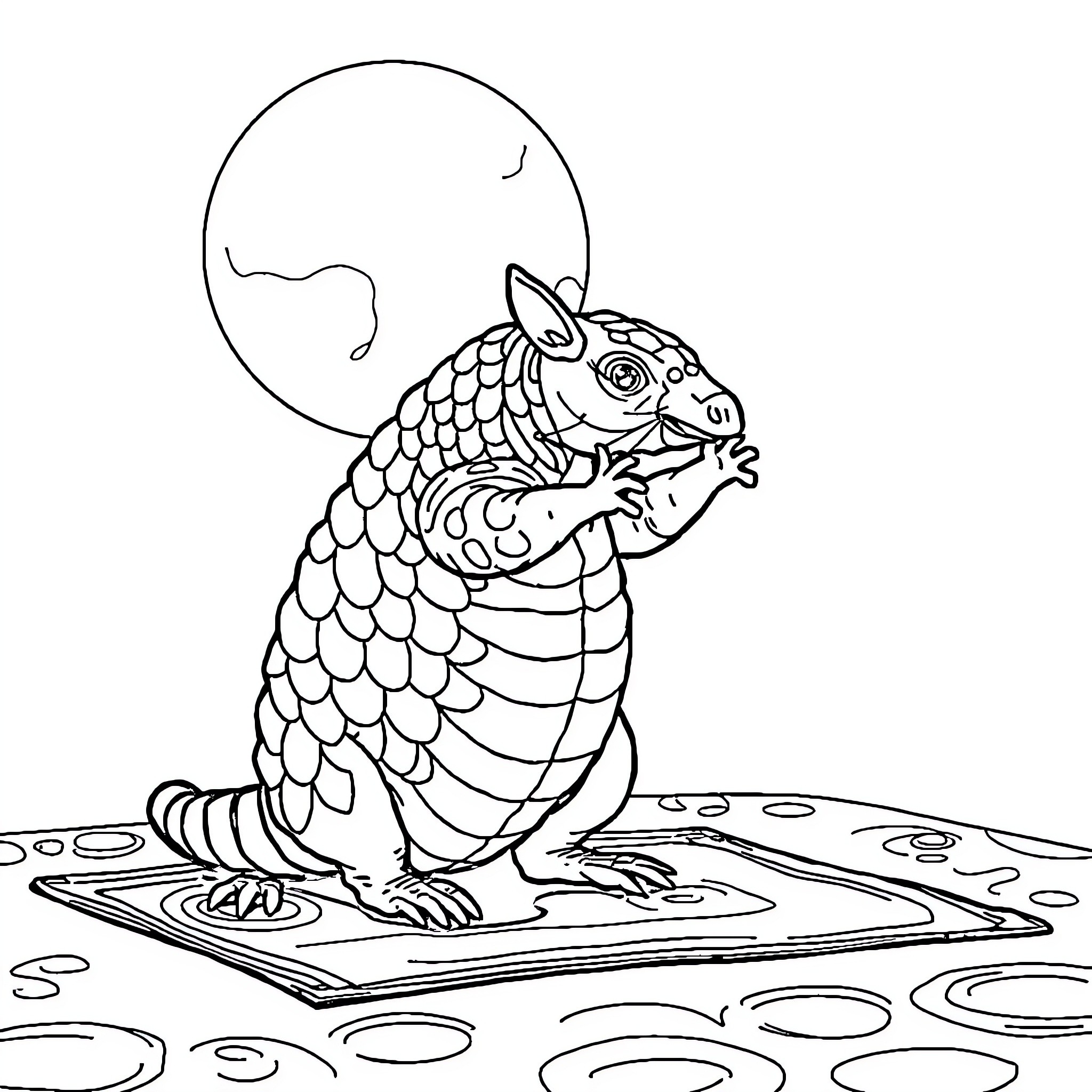 Armadillo Enjoying a Moonlit Night Coloring Page (free black-and-white line drawing printable PDF for all, from beginners to advanced learners, including children, teens, adults, and seniors)