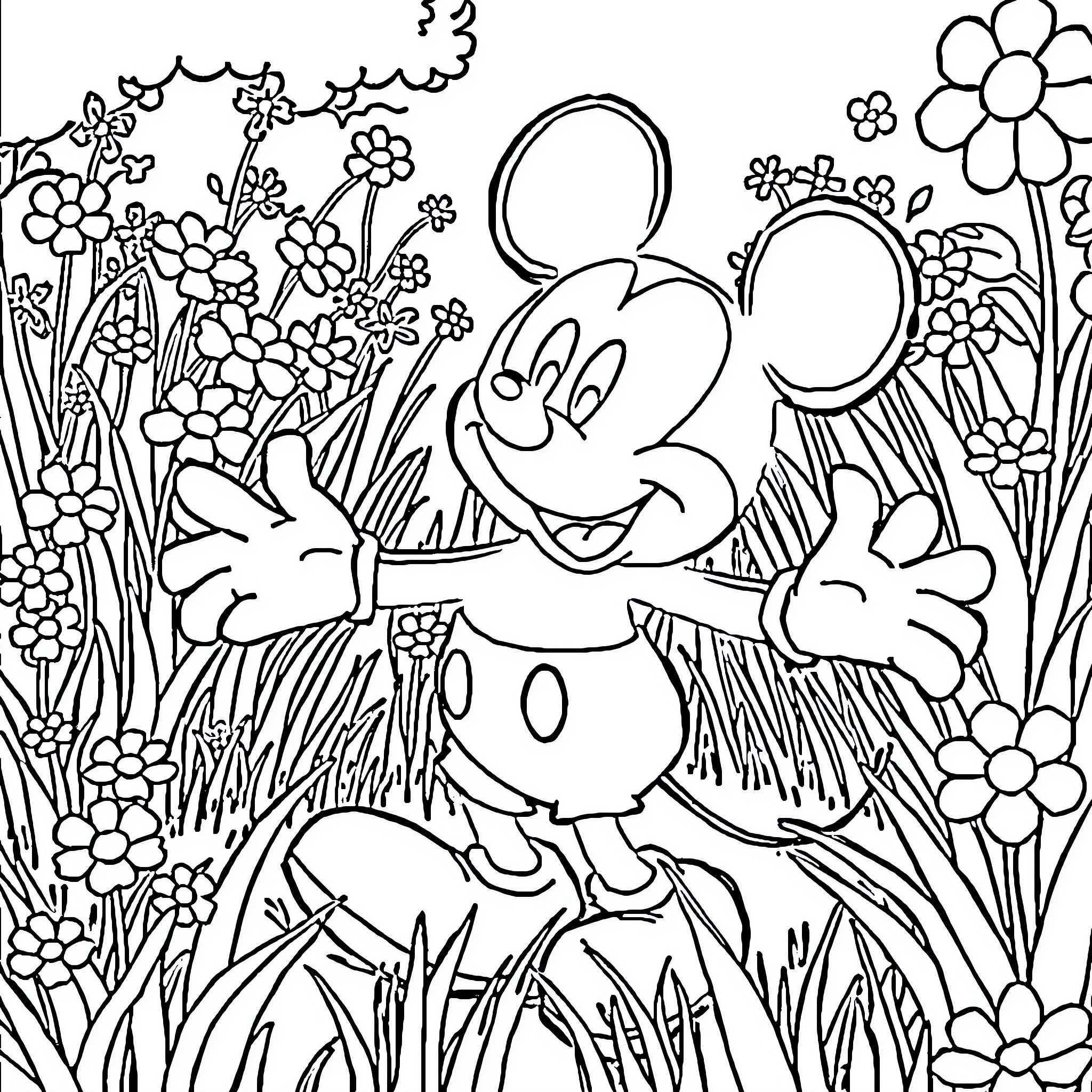 Mickey Mouse enjoying a floral garden Coloring Page (free black-and-white line drawing printable PDF for all, from beginners to advanced learners, including children, teens, adults, and seniors)