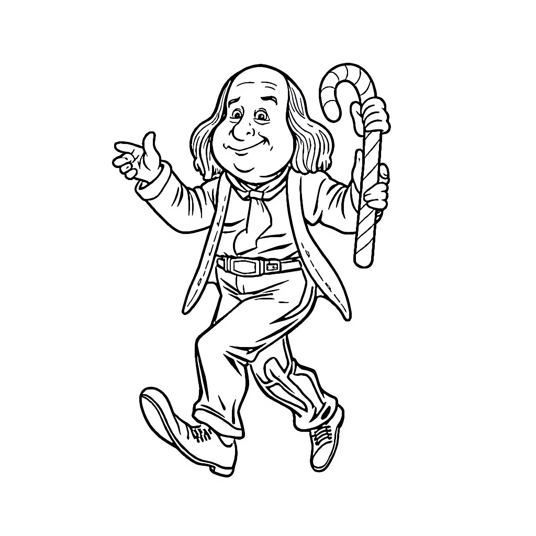 Benjamin Franklin playing happily with cane Coloring Page (free black-and-white line drawing printable PDF for all, from beginners to advanced learners, including children, teens, adults, and seniors)
