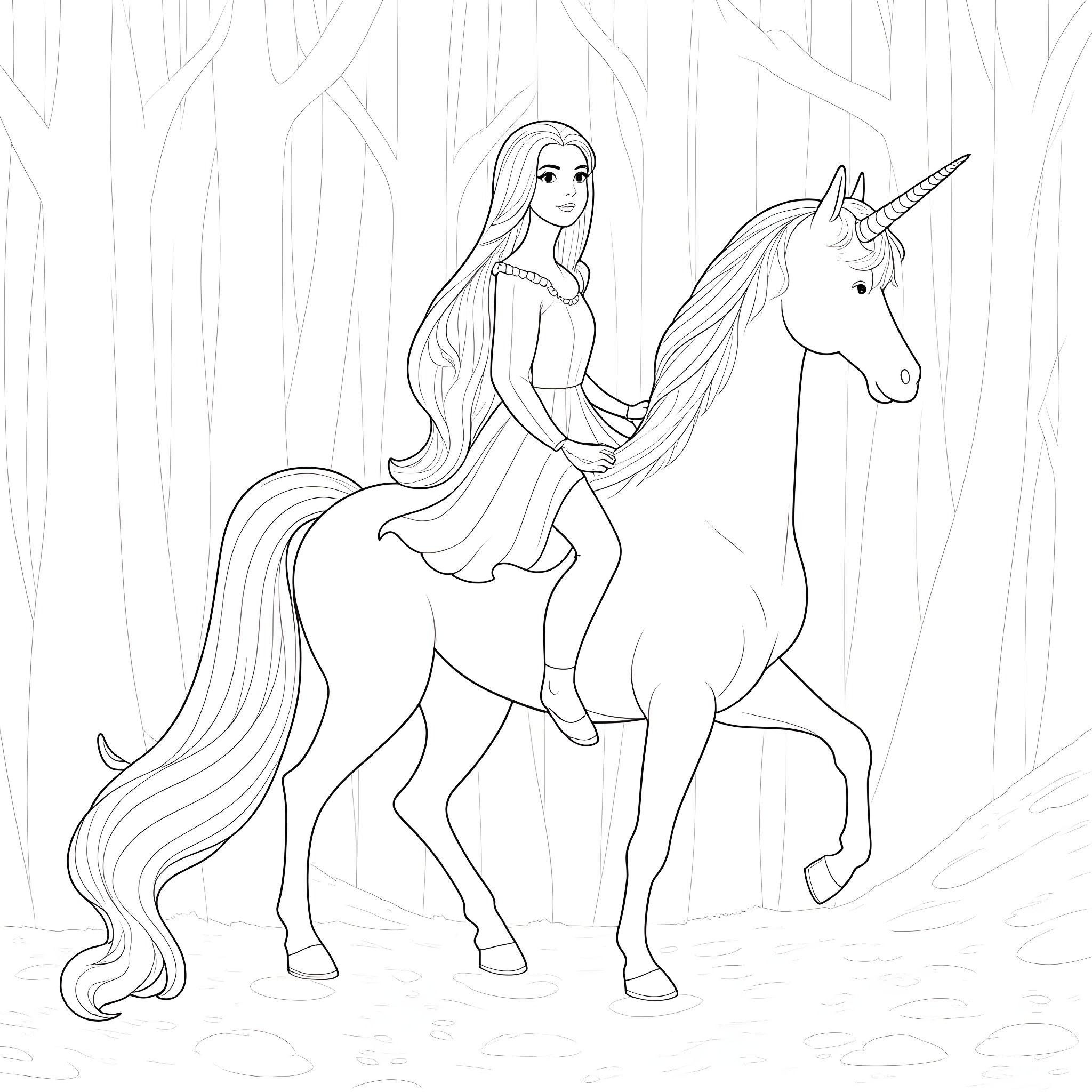 Rapunzel riding a magical unicorn in the enchanted forest Coloring Page (free black-and-white line drawing printable PDF for all, from beginners to advanced learners, including children, teens, adults, and seniors)