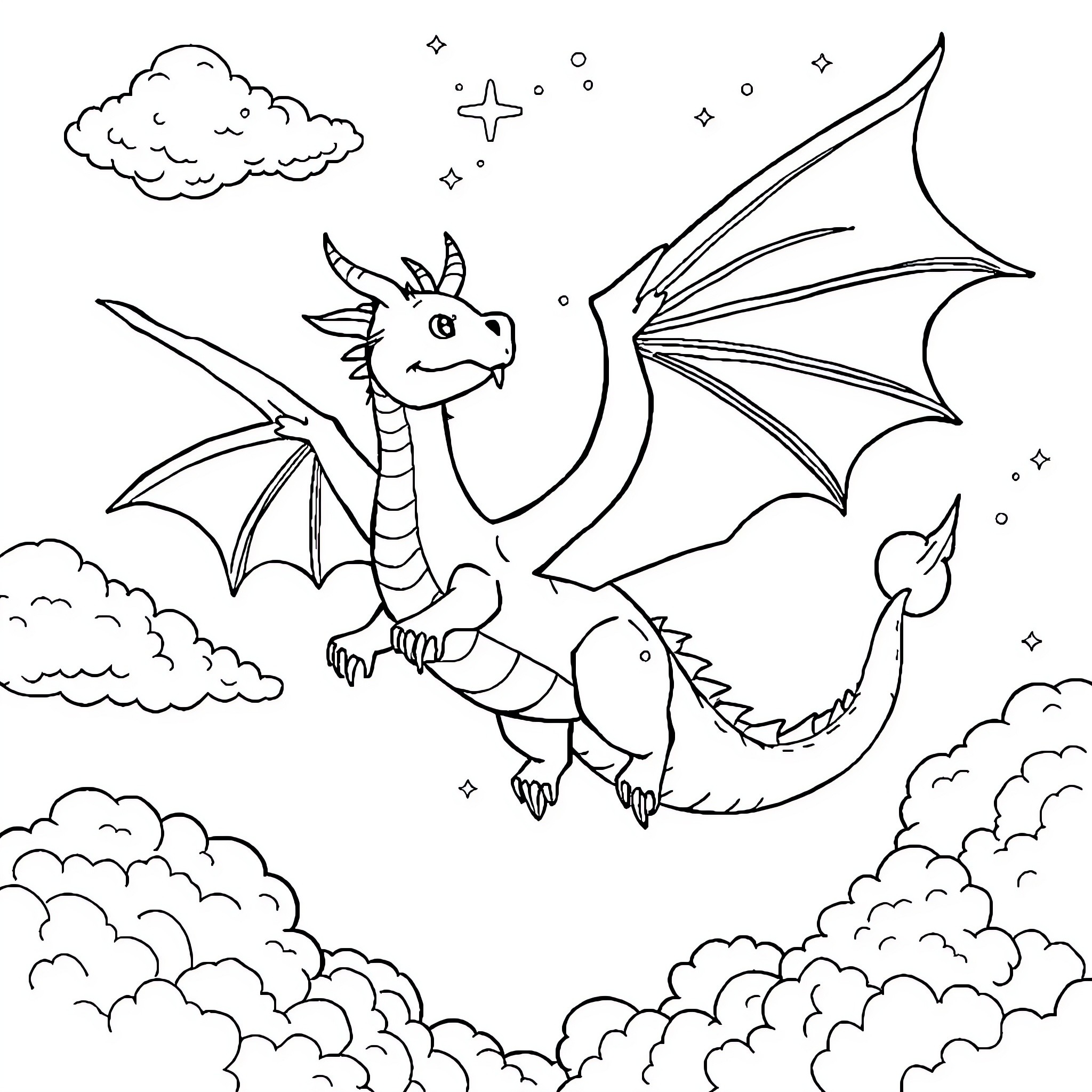Wish Dragon soaring through the starry sky Coloring Page (free black-and-white line drawing printable PDF for all, from beginners to advanced learners, including children, teens, adults, and seniors)