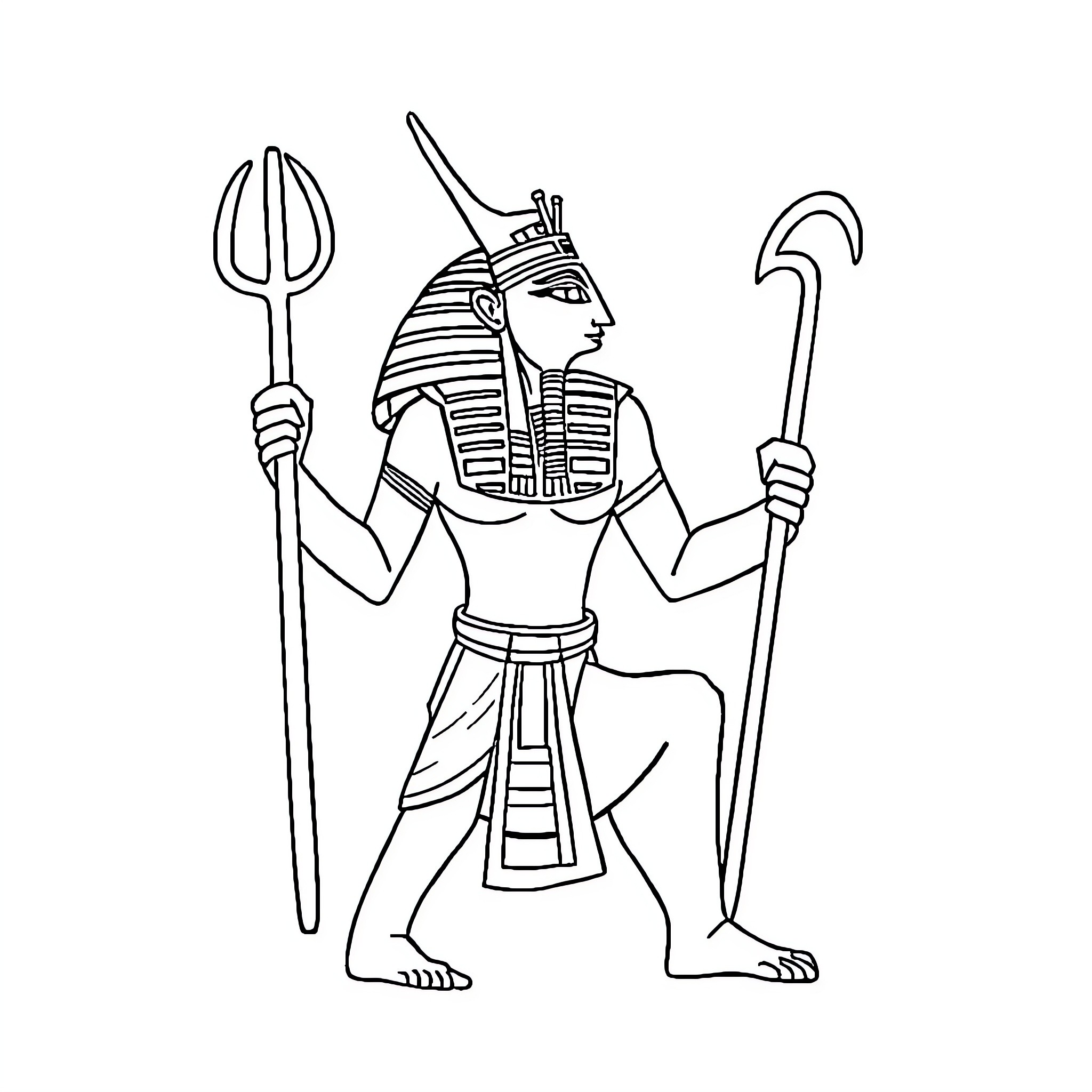 Sek Egyptian Pharaoh with Regalia Coloring Page (free black-and-white line drawing printable PDF for all, from beginners to advanced learners, including children, teens, adults, and seniors)