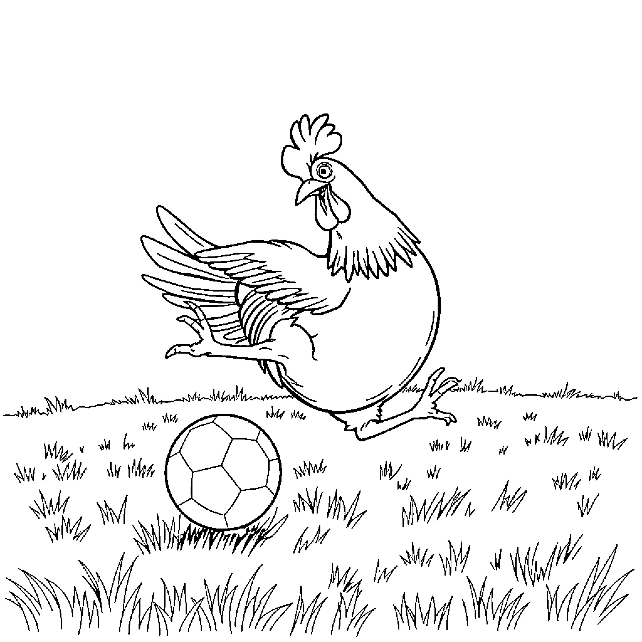 Chicken Kicking a Soccer Ball on the Grass Coloring Page (free black-and-white line drawing printable PDF for all, from beginners to advanced learners, including children, teens, adults, and seniors)