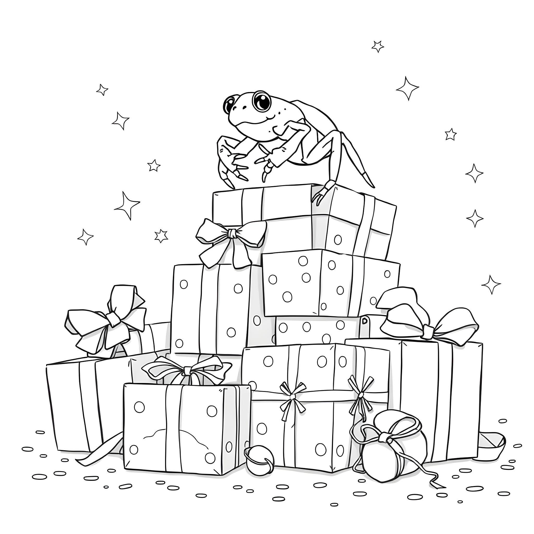 Jumping Spider Celebrating with Presents Coloring Page (free black-and-white line drawing printable PDF for all, from beginners to advanced learners, including children, teens, adults, and seniors)