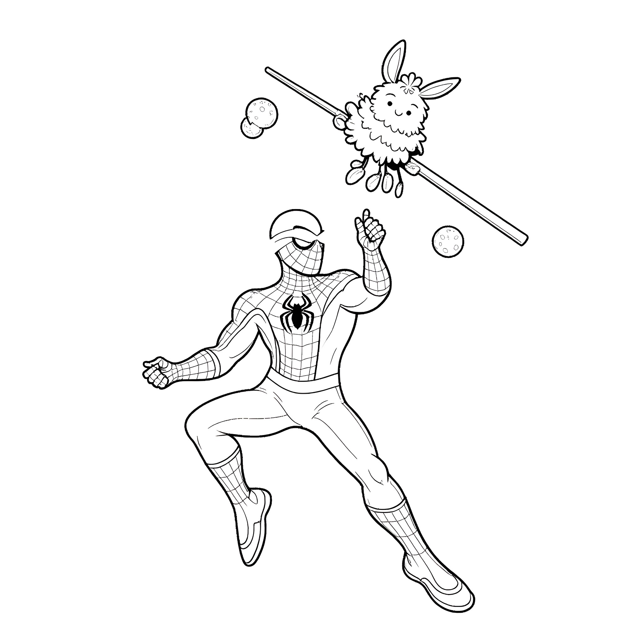 Spider-Man jumping and swinging with webbing Coloring Page (free black-and-white line drawing printable PDF for all, from beginners to advanced learners, including children, teens, adults, and seniors)