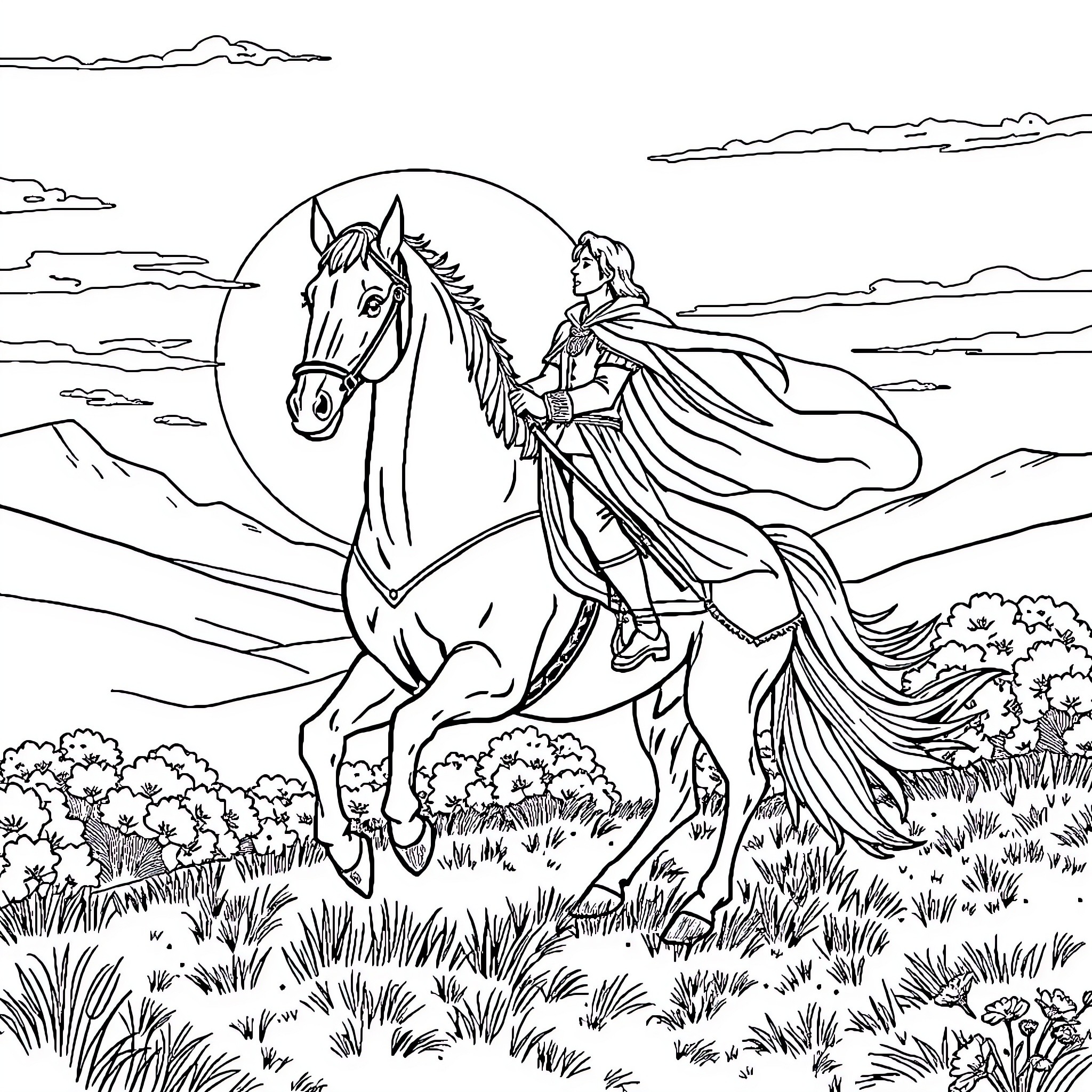 Prince Charming riding a majestic horse in the countryside Coloring Page (free black-and-white line drawing printable PDF for all, from beginners to advanced learners, including children, teens, adults, and seniors)