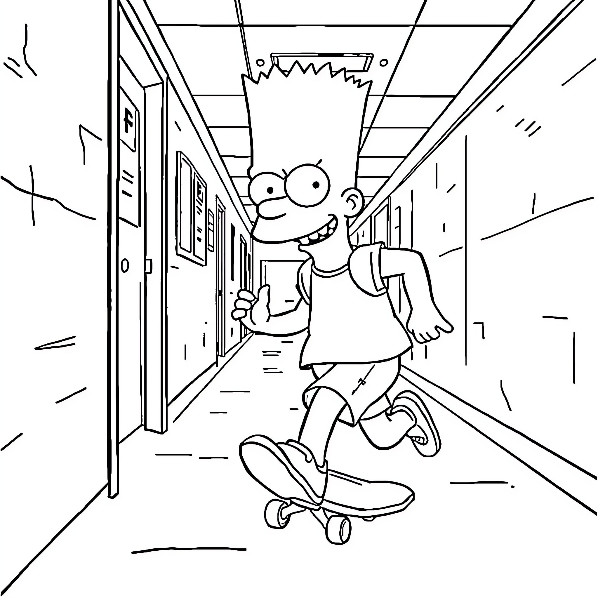 Bart Simpson skateboarding in school hallway Coloring Page (free black-and-white line drawing printable PDF for all, from beginners to advanced learners, including children, teens, adults, and seniors)