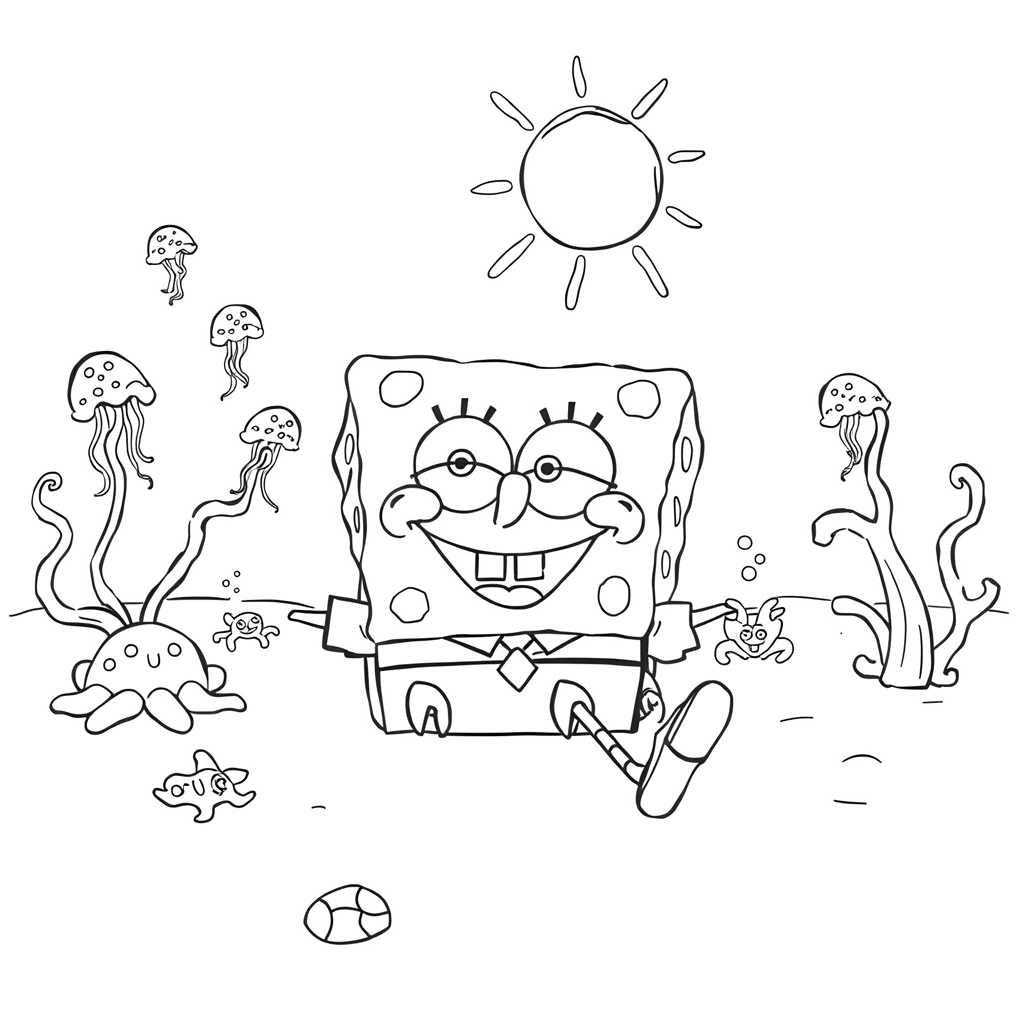Spongebob enjoying a sunny day at the beach with jellyfish Coloring Page (free black-and-white line drawing printable PDF for all, from beginners to advanced learners, including children, teens, adults, and seniors)