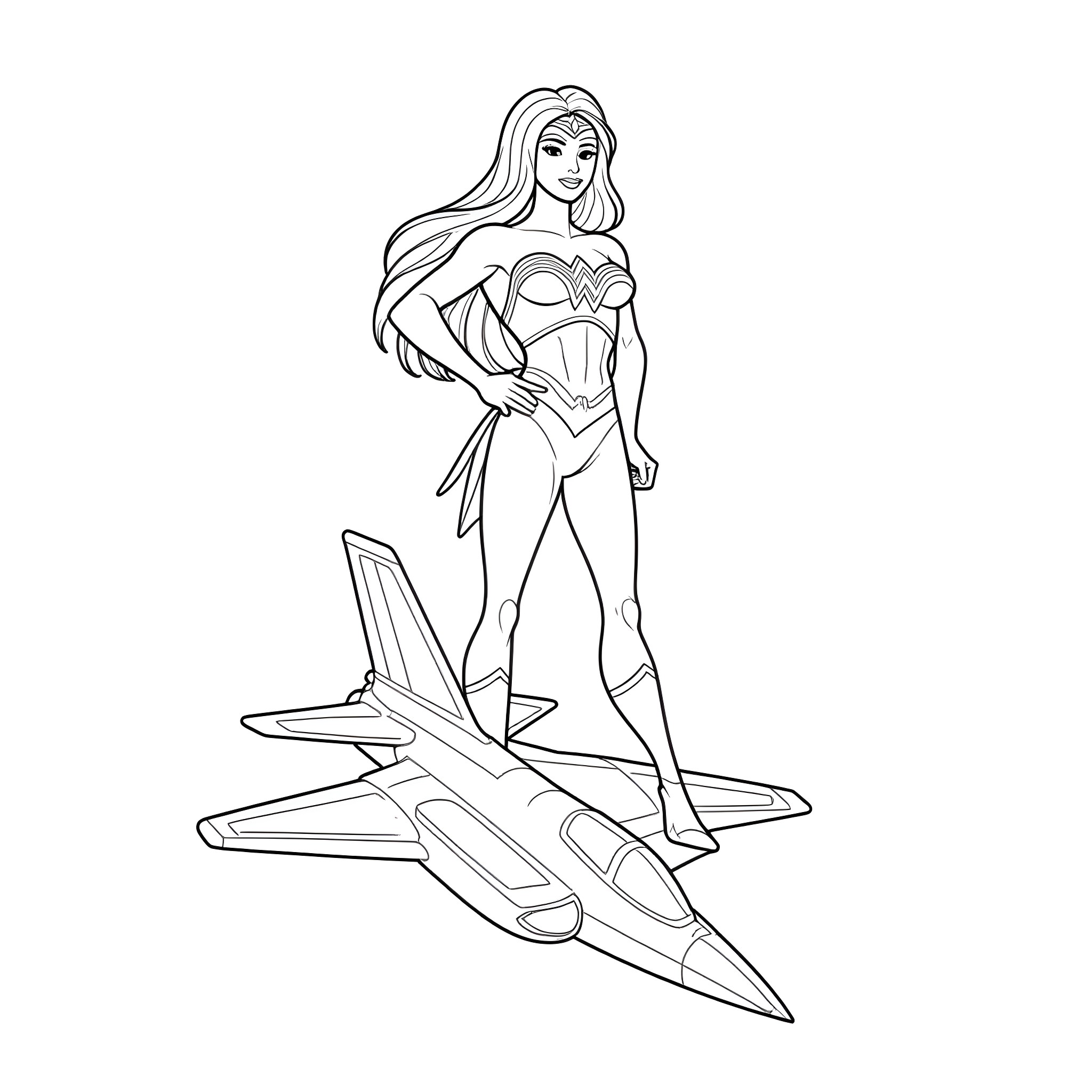 Wonder Woman flying on a jet fighter Coloring Page (free black-and-white line drawing printable PDF for all, from beginners to advanced learners, including children, teens, adults, and seniors)