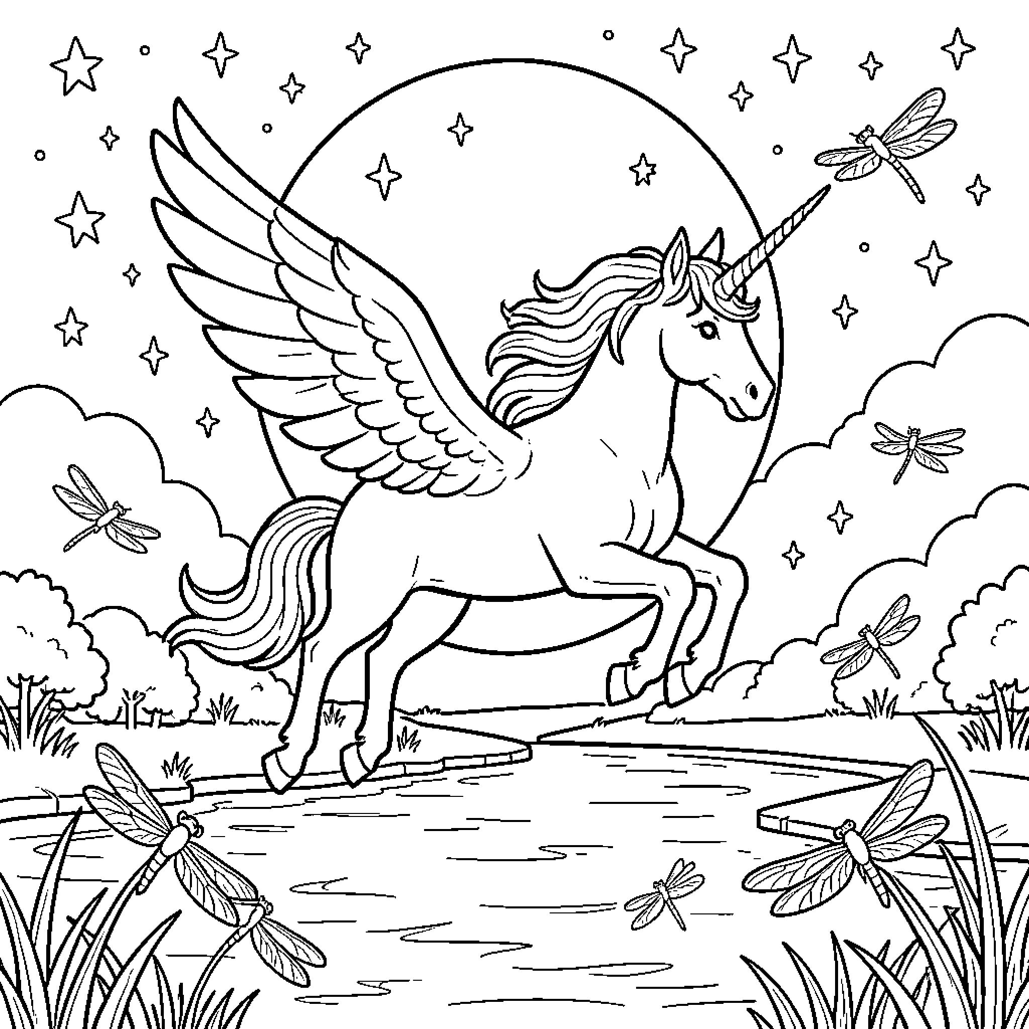 Licorne with wings jumping near dragonflies and stars Coloring Page (free black-and-white line drawing printable PDF for all, from beginners to advanced learners, including children, teens, adults, and seniors)