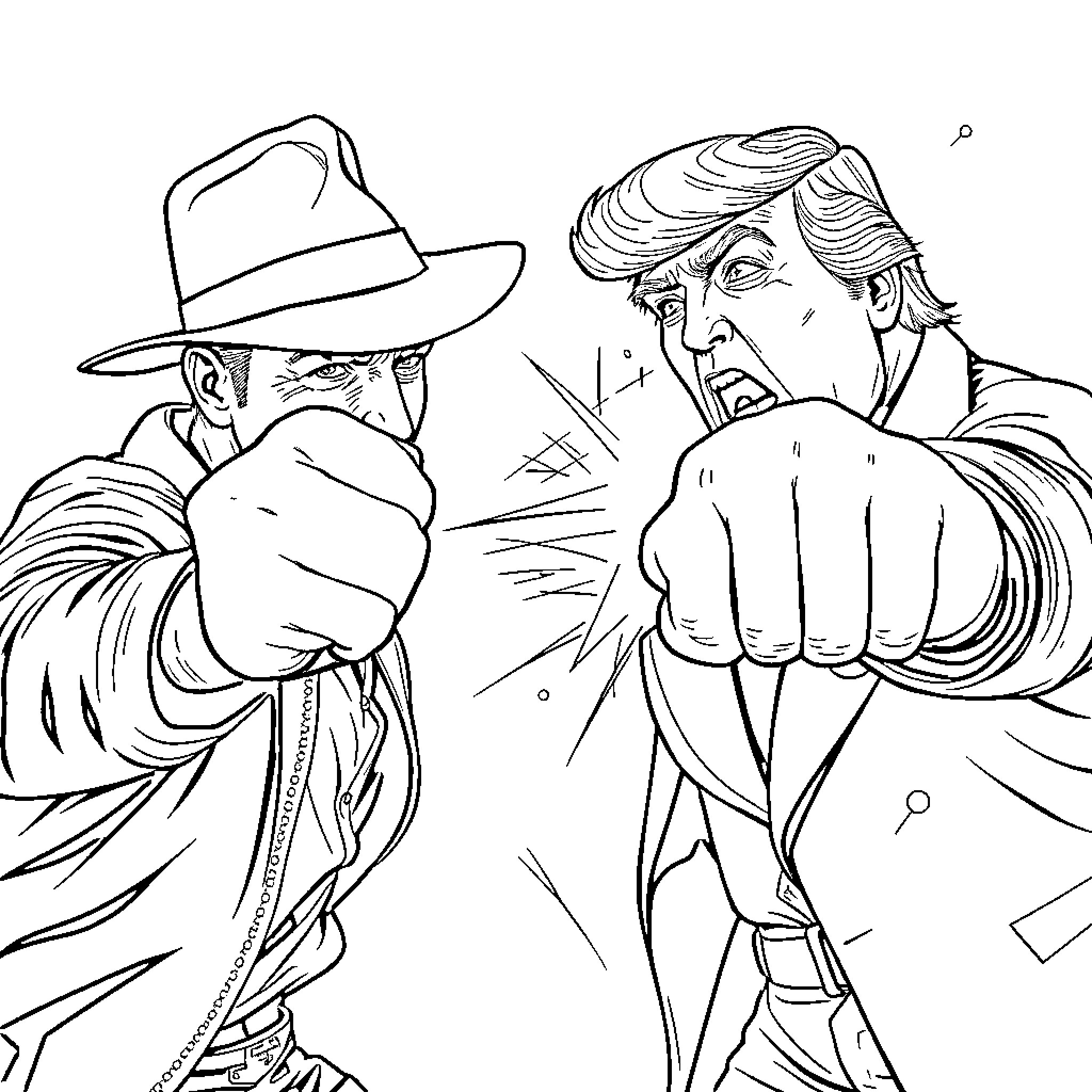 Indiana Jones in a Heated Altercation Coloring Page (free black-and-white line drawing printable PDF for all, from beginners to advanced learners, including children, teens, adults, and seniors)