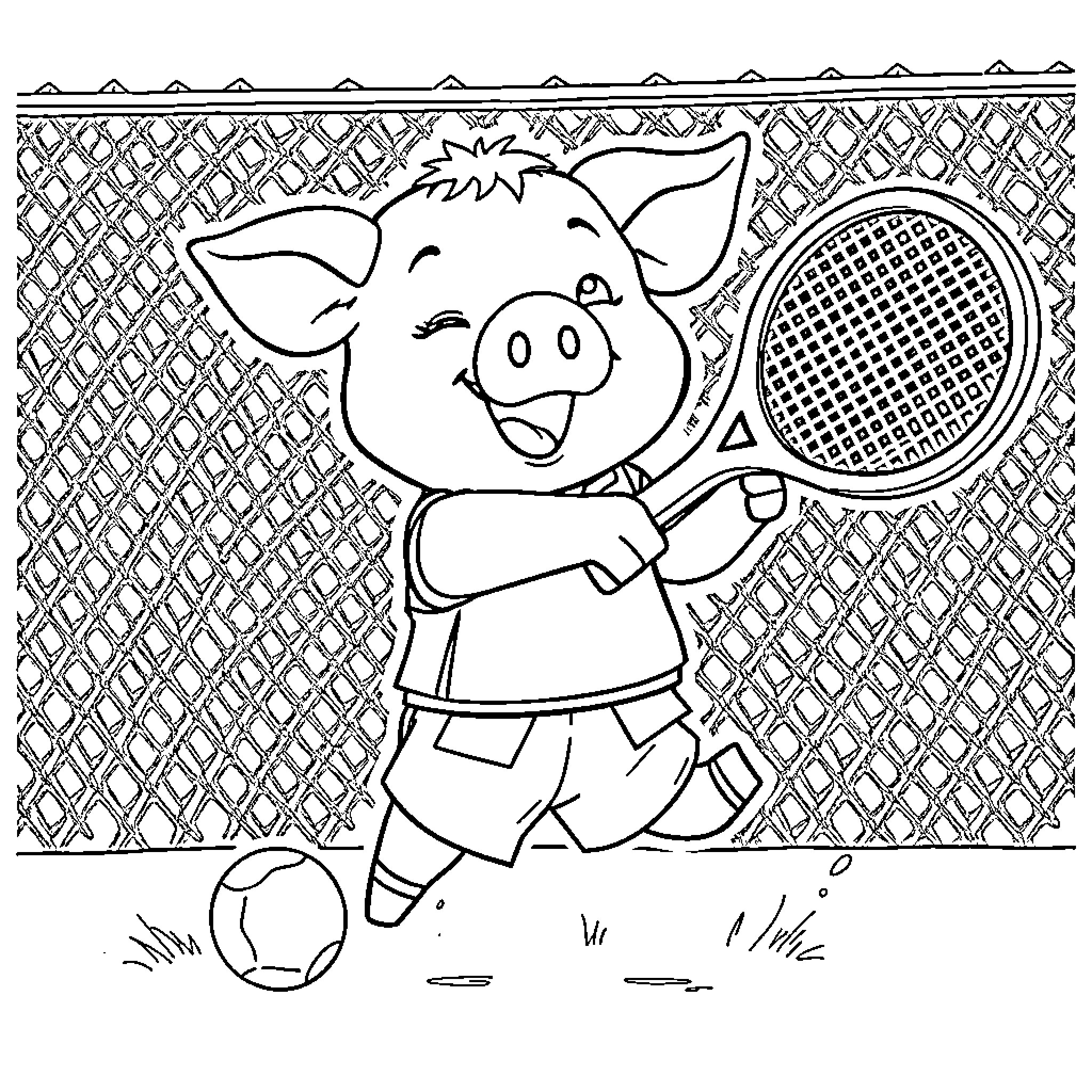 Pig playing tennis with enthusiasm Coloring Page (free black-and-white line drawing printable PDF for all, from beginners to advanced learners, including children, teens, adults, and seniors)